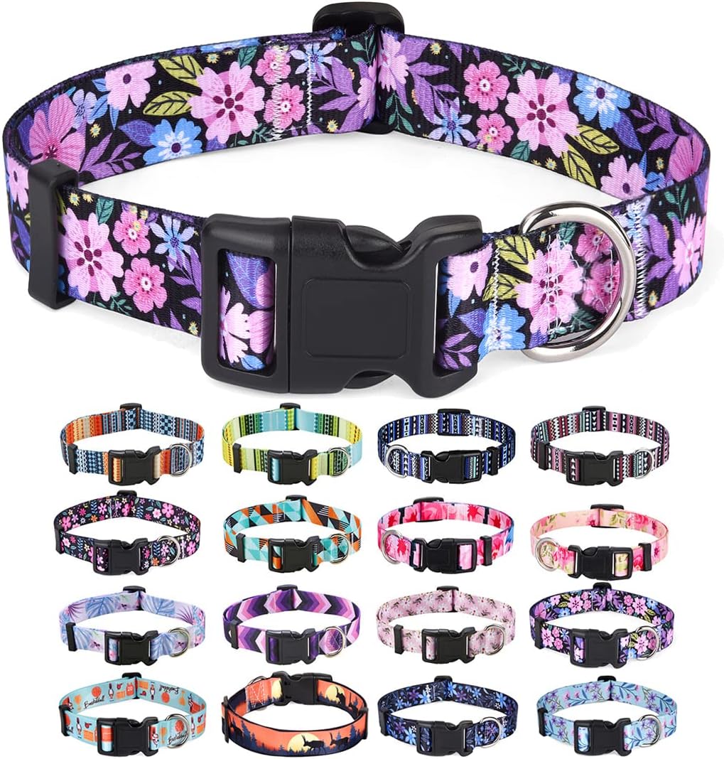 Mihqy Dog Collar with Bohemia Floral Tribal Geometric Patterns - Soft Ethnic Style Collar Adjustable for Small Medium Large Dogs(Floral Pink,M)