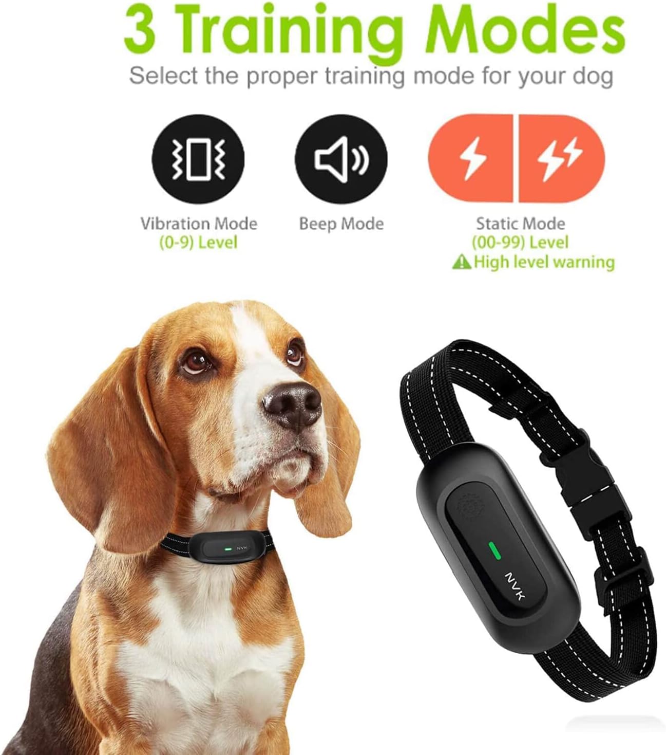 NVK Dog Training Collar, Single Collar Without Remote, Rechargeable Dog Training Collar with 3 Modes, Beep, Vibration and Shock, Waterproof Collar