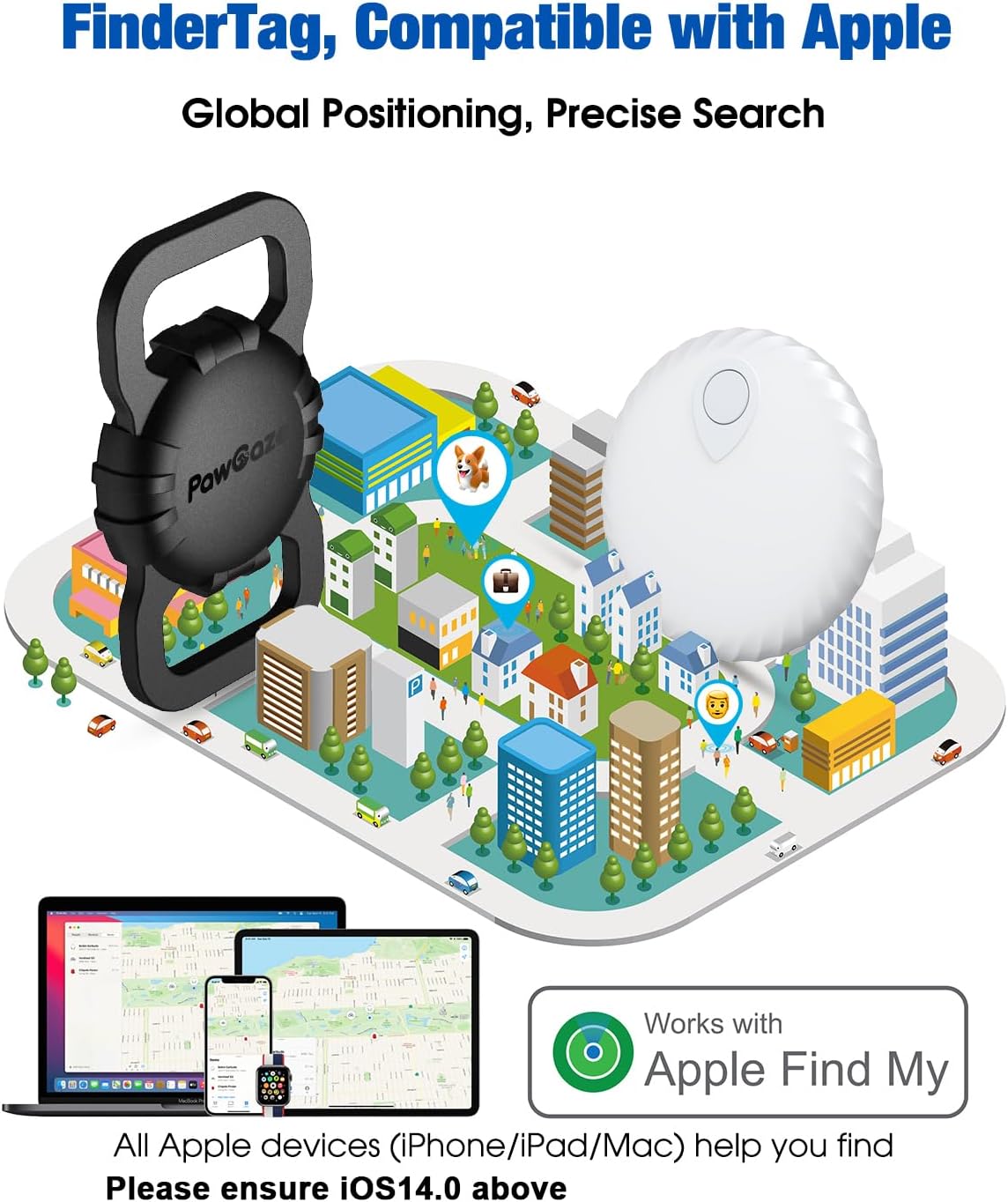 PawGaze GPS Tracker Compatible with Apple iOS FindMy App, Anti-Lost Tracking Device FinderTag for Dogs, Cats, Pets, Luggage, Items, with Silicone Cover for Pets Collars/School Bag Straps