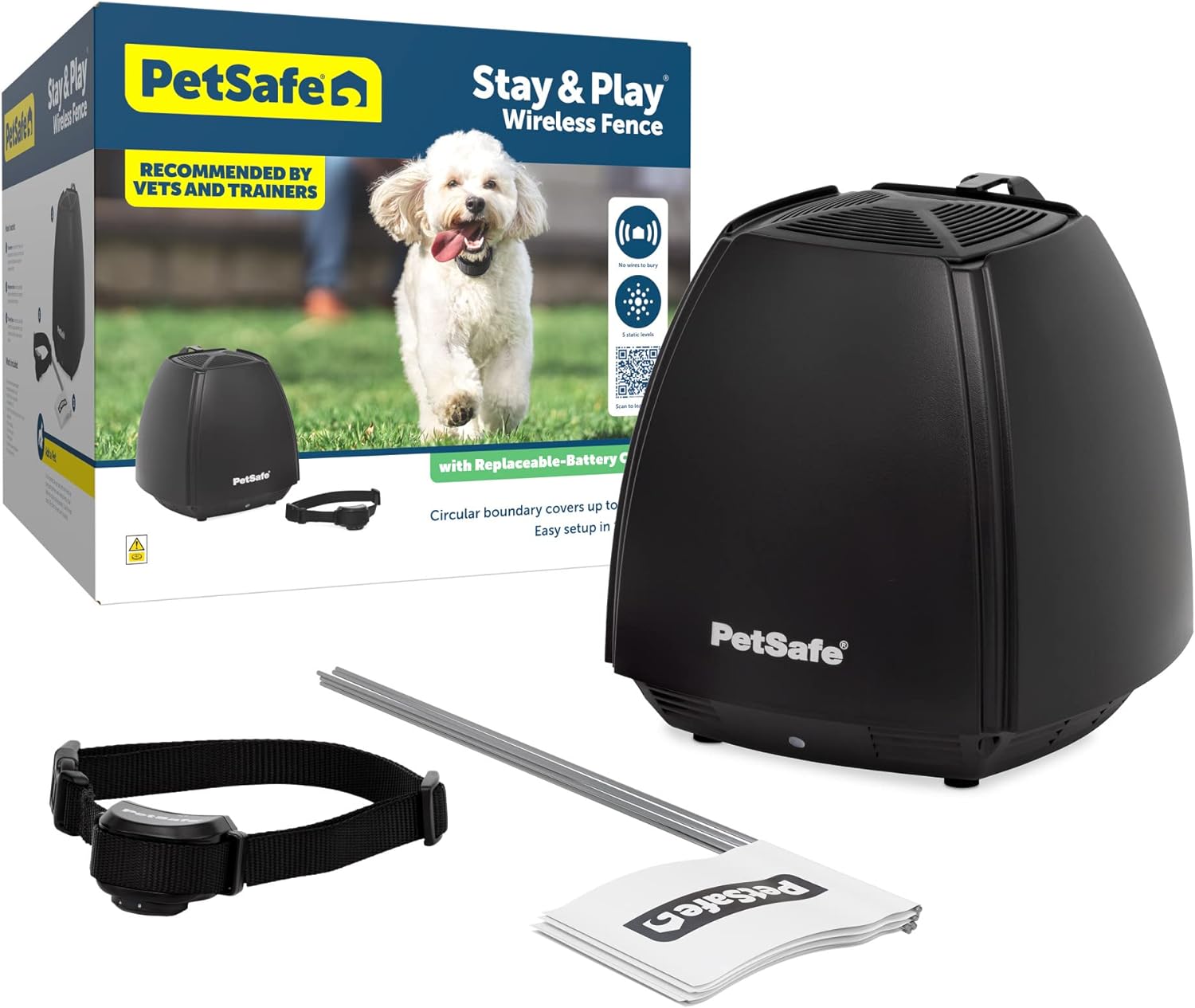 PetSafe Stay  Play Wireless Pet Fence  Replaceable Battery Collar - Circular Boundary Secures up to 3/4 Acre Yard, No-Dig, Americas Safest Wireless Fence (Packaging May Vary)