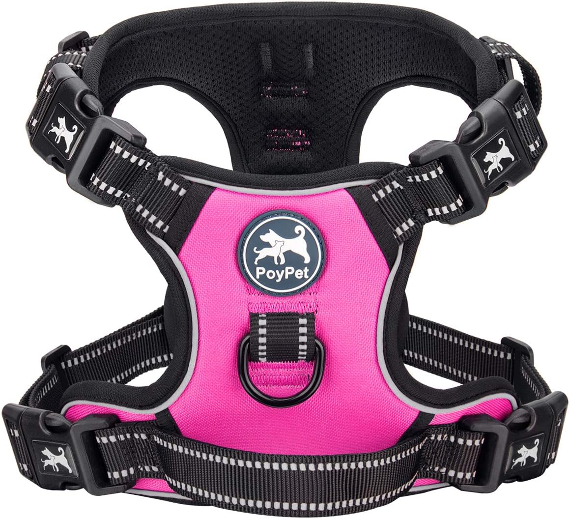 PoyPet 2019 Upgraded No Pull Dog Harness with 4 Snap Buckles, 3M Reflective with Front  Back 2 Leash Hooks and an Easy Control Handle [NO Need Go Over Dog’s Head] (Pink,L)