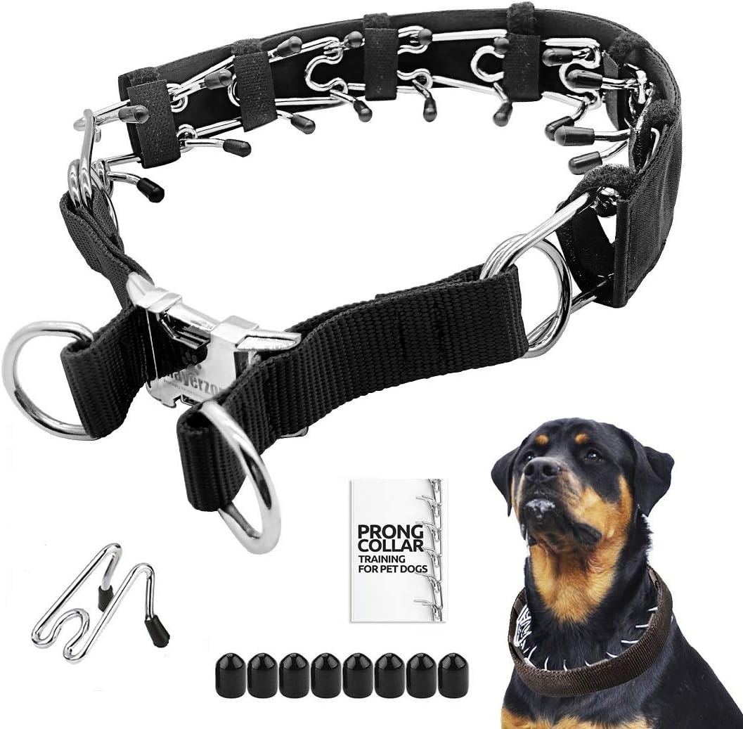 Prong Dog Training Collar with Protector, Steel Chrome Plated Dog Prong Collar, Pinch Collar for Dogs (XL-23.6 inch, 18-22 Neck, Black)