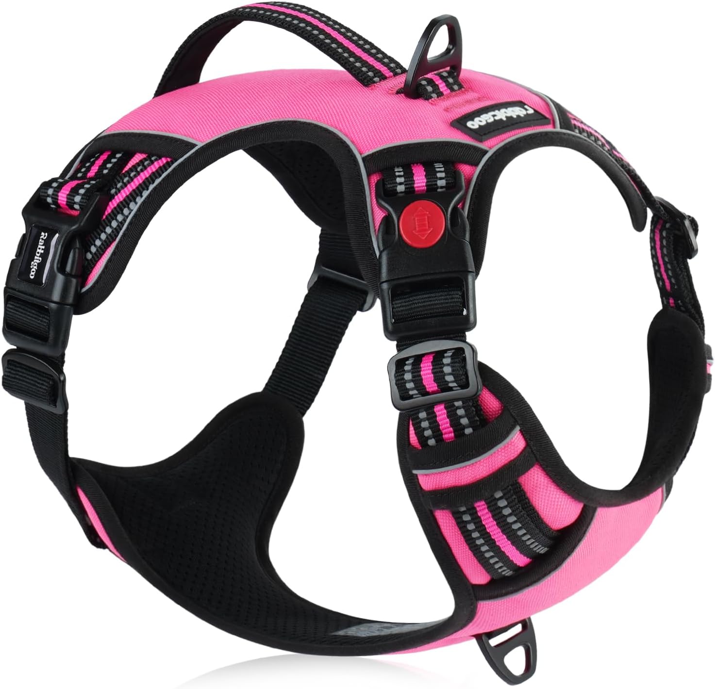 rabbitgoo Dog Harness Medium Sized, No Pull Pet Harness with Soft Padded Handle, Adjustable Reflective Vest with 3 Buckles, Easy Walking Harness with 2 Leash Clips, Pink, M