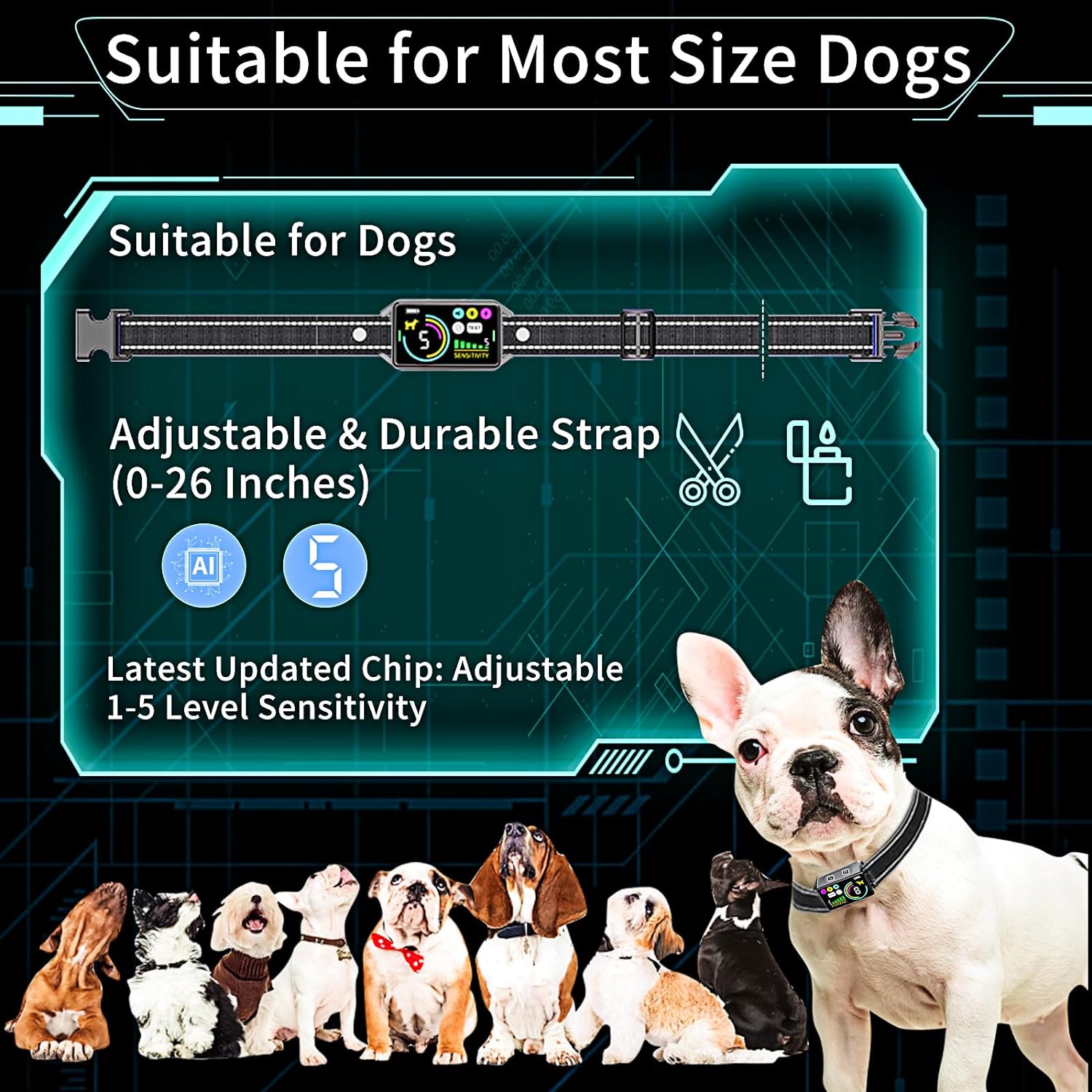 RAINBOWBEAR® 2-Pack Dog Bark Collar | Rechargeable Anti Bark Training Collars for Large, Medium, Small Dogs with 5 Adjustbale Sensitivity Beep, Vibration, Shock (Black  LCD)