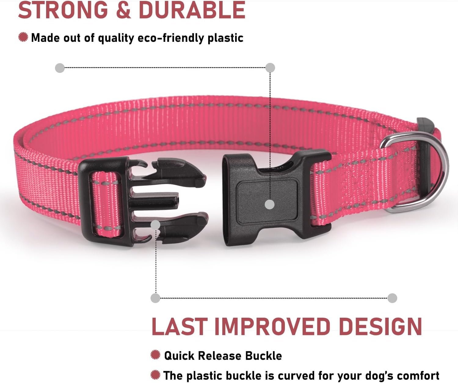 Reflective Dog Collar with Buckle Adjustable Safety Nylon Collars for Small Medium Large Dogs, Pink M