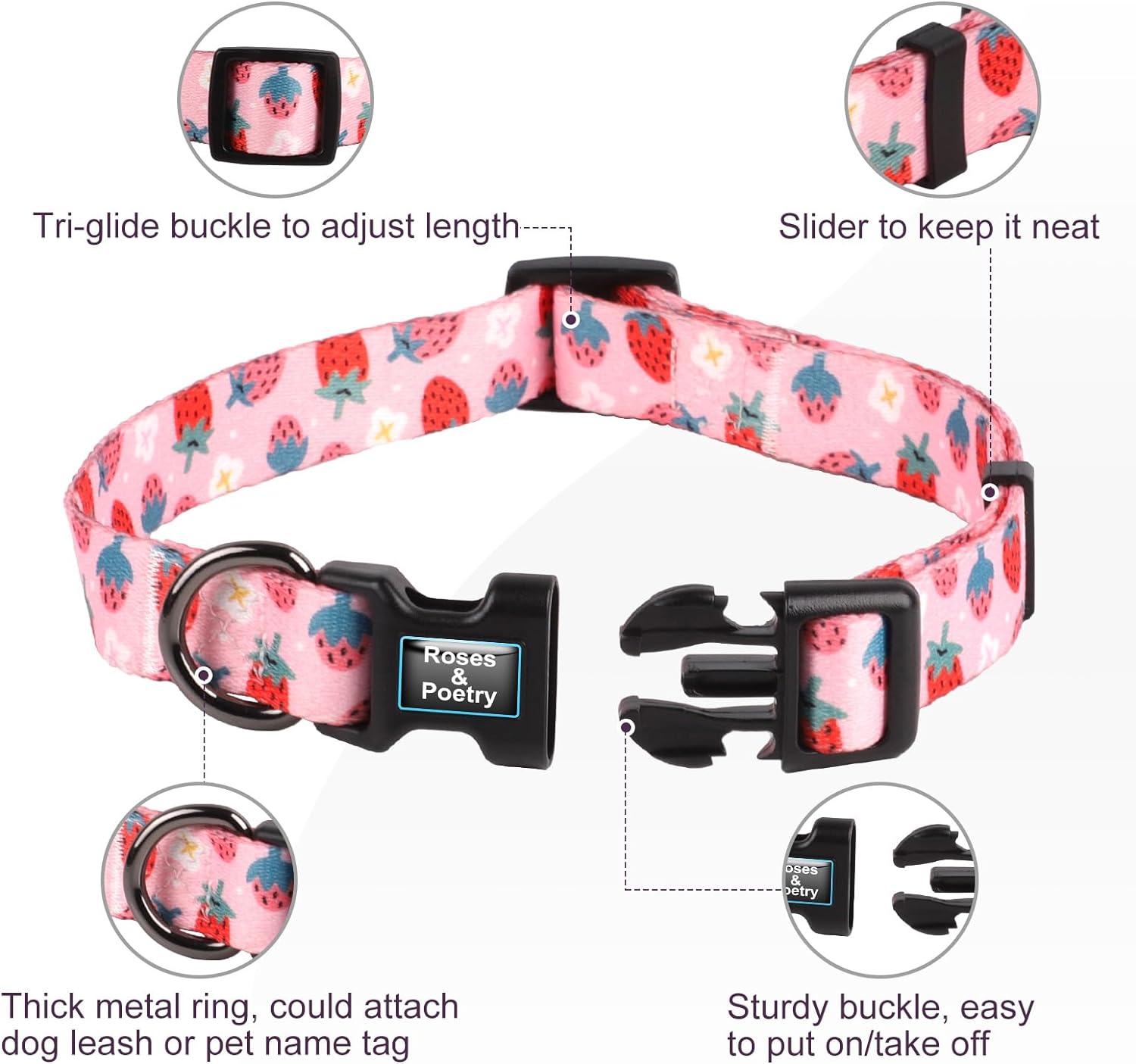 RosesPoetry Reflective Dog Collar with Gradient Mistyrose, Adjustable Durable Pet Collars for Small Medium Large Dogs (Mistyrose-S)