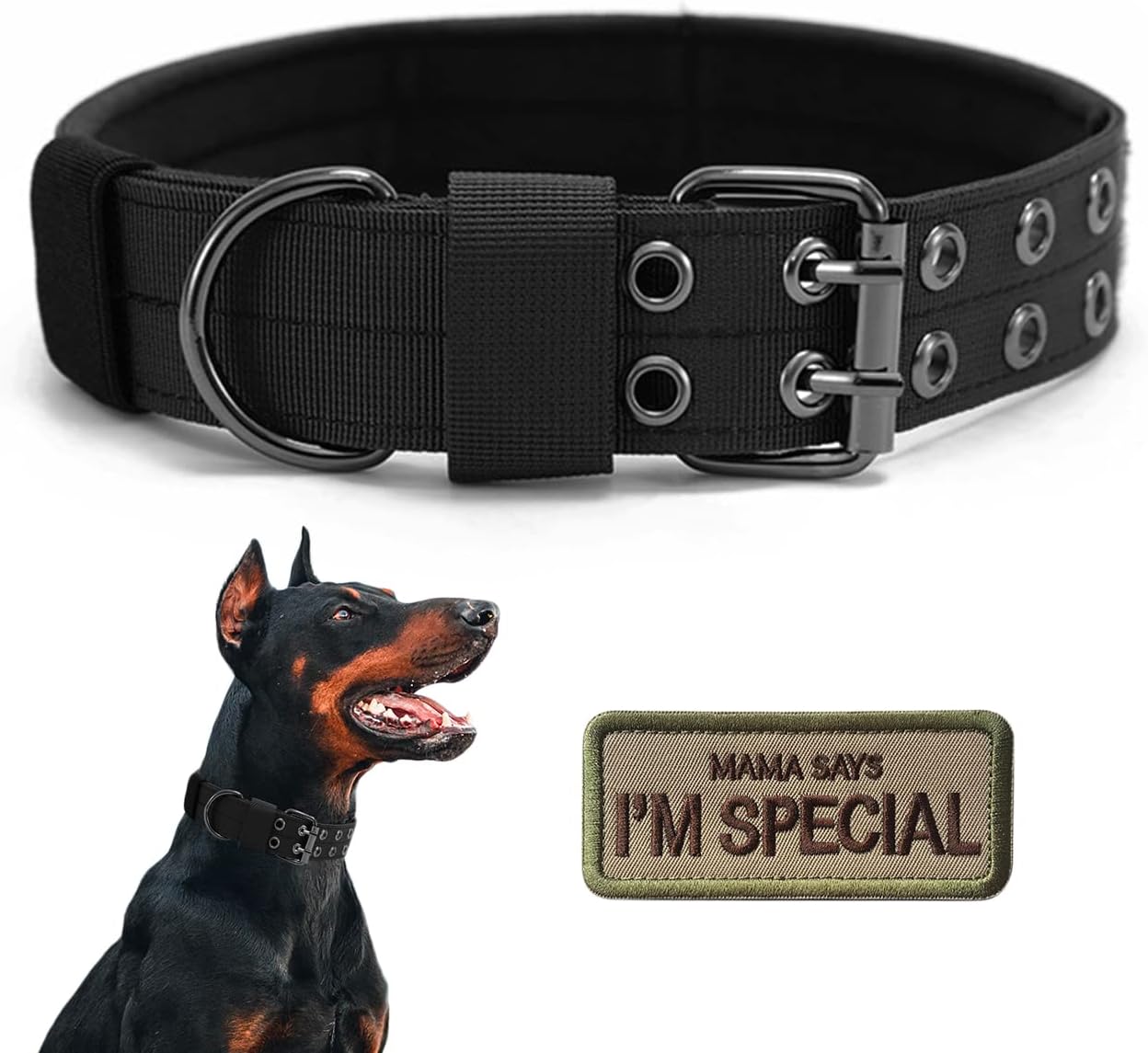 Tactical Dog Collar Military Adjustable Dog Collars Soft Nylon K9 Training Collar with Patch Heavy Duty Metal Buckle Collars for Medium Large Dogs (L, Black)