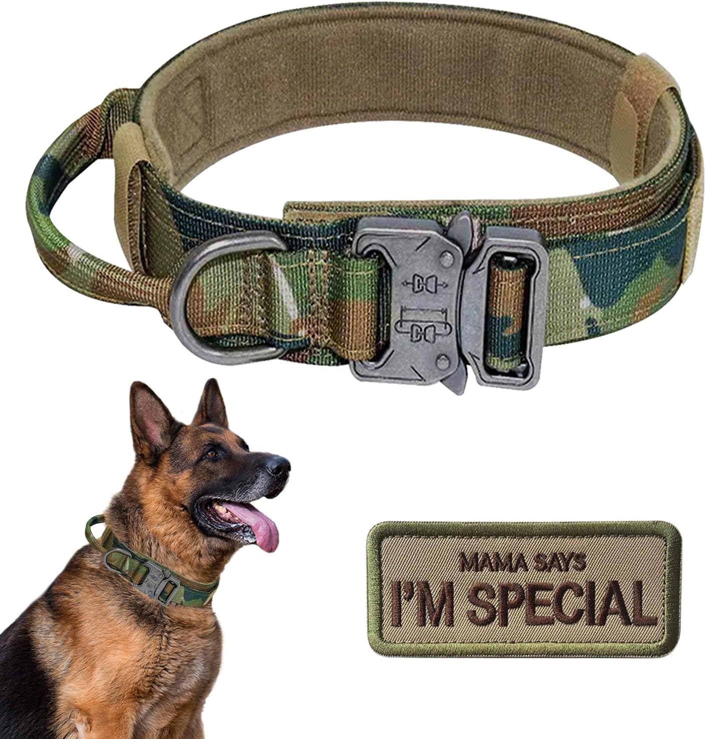 Tactical Dog Collar with Handle - Military Dog Collars Adjustable Training Collar Soft Nylon Dog Collar and Heavy Duty Metal Buckle for Medium Large Dogs - with Patch