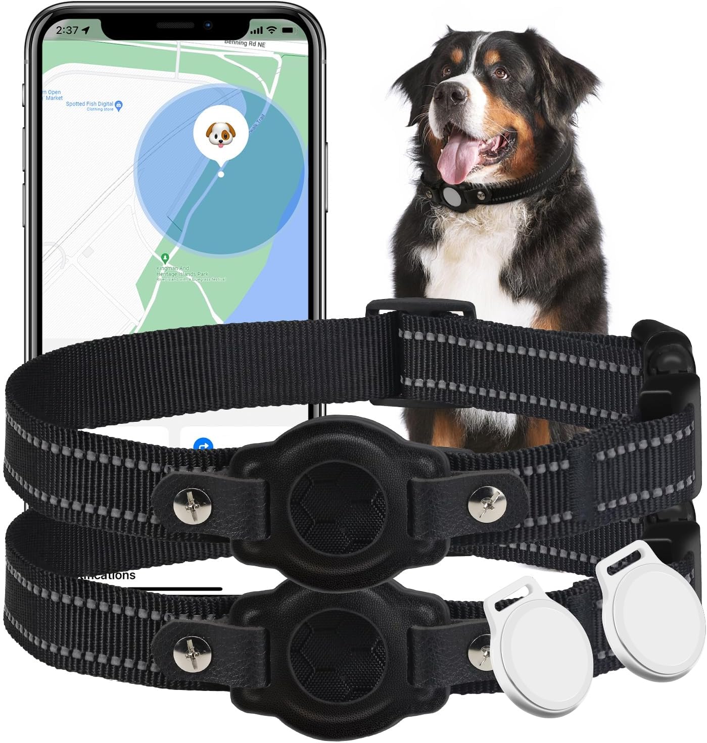 GPS Tracker for Dogs (2 Pack), Waterproof Location Pet Tracking Smart Collar (iOS Only), No Monthly Fee, Reflective Real-Time GPS Tracker Dog Collar for Small Medium Large Dogs