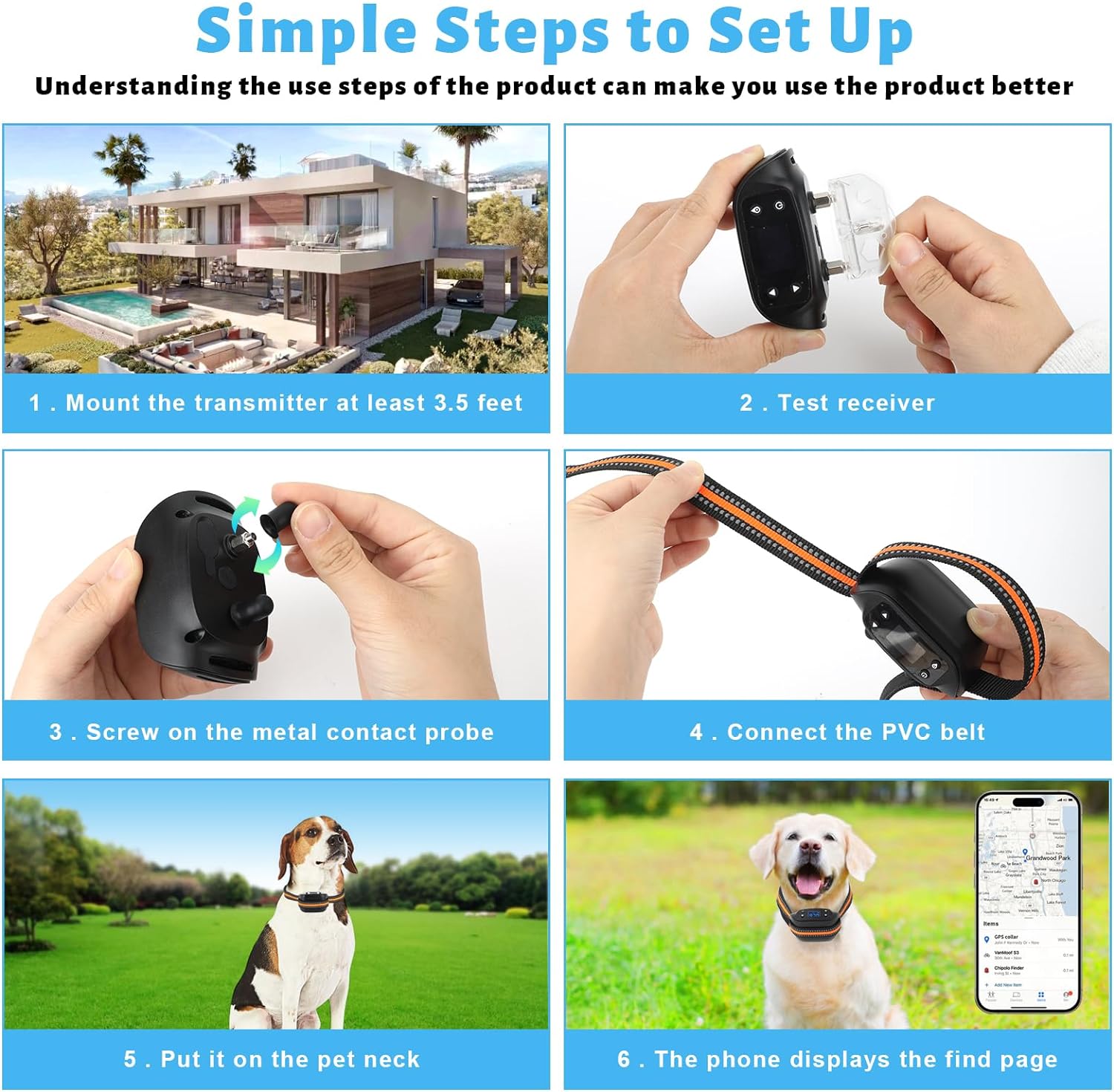 GPS Wireless Dog Fence, Electric Pet Containment System for Outdoor, Range 32-3248ft, Anti-Lost Function, Rechargeable, Harmless and Suitable for All Dogs