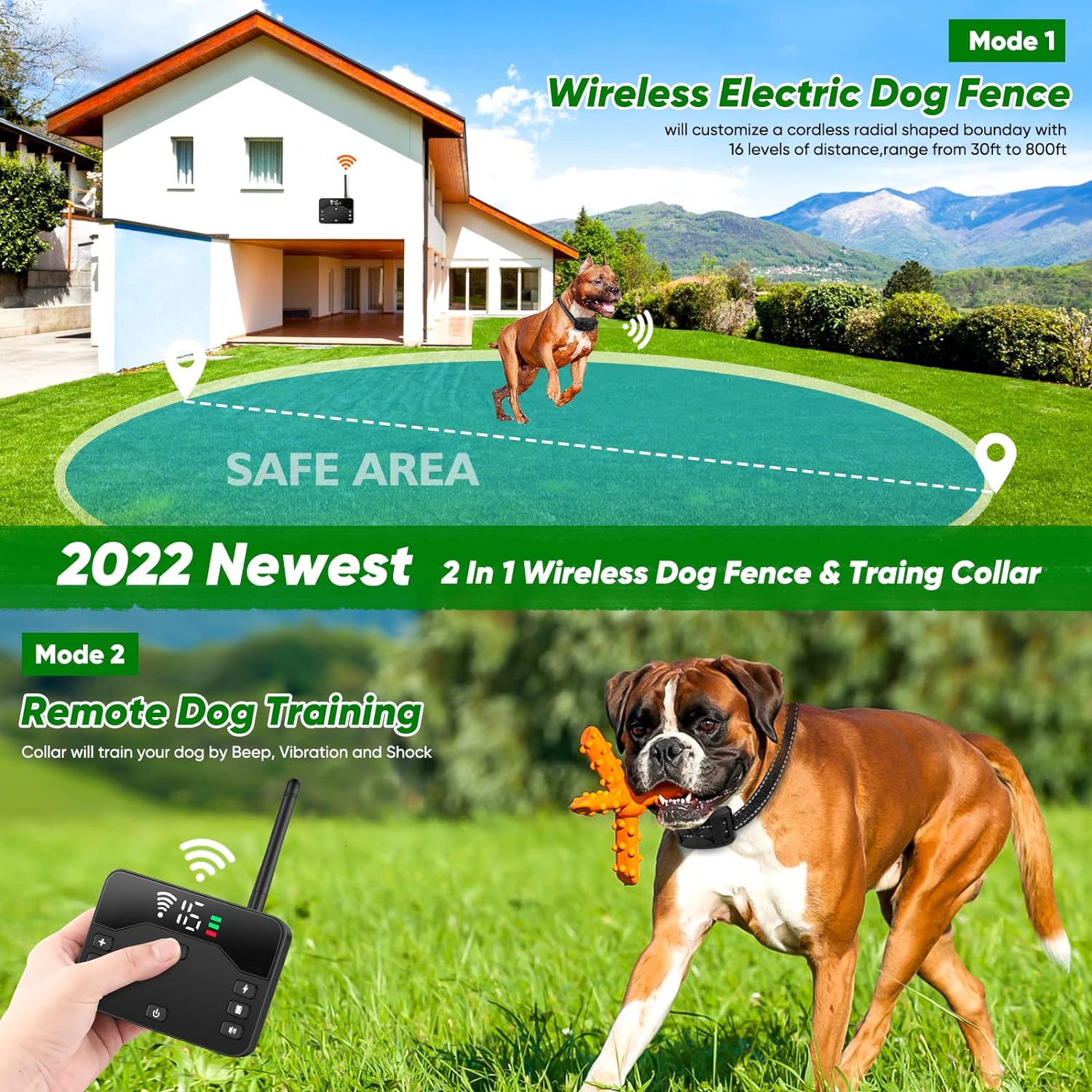 Wireless Dog Fence,2023 Wireless Boundary Containment System,2-in-1 Electric Dog Fence Remote Training Collar,Adjustable Vibration Shock,IP65 Waterproof Training Collar for Large and Medium Dogs