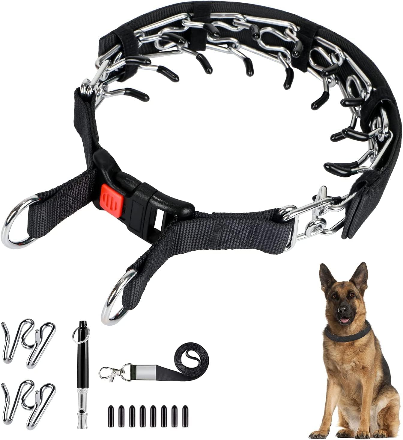 Dog Prong Traing Collar, Choke Pinch Collar for Dogs [2 Extra Links][Dog Whistle][Cover] with Snap Buckle and Rubber Caps, No Pull Dog Collar for Medium Large Breed Dogs [Medium]