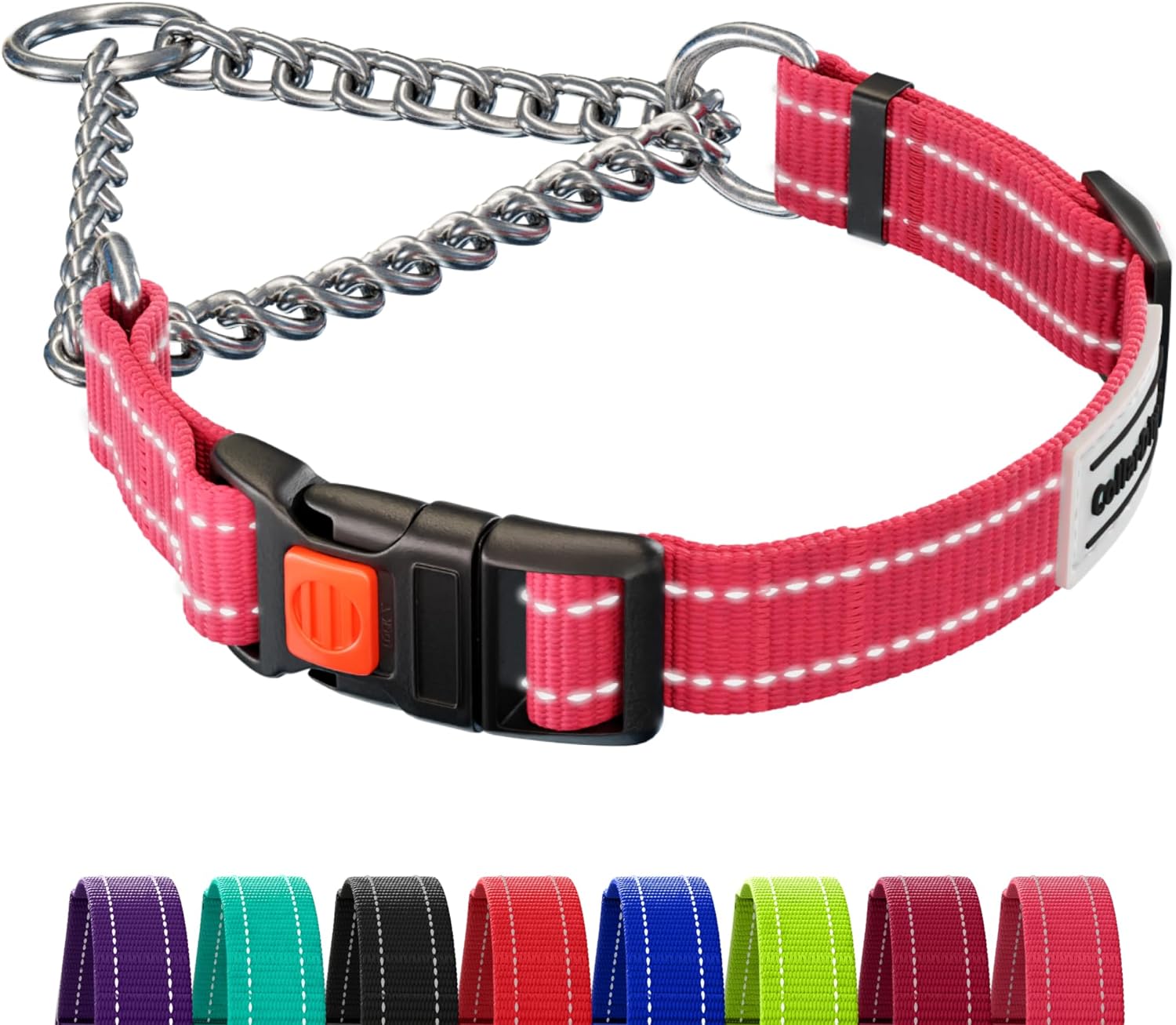 CollarDirect Martingale Dog Collar with Stainless Steel Chain and Quick Release Buckle - Reflective Collar for Large, Medium, Small Dogs - Pink, Medium (Neck Size 14-17)