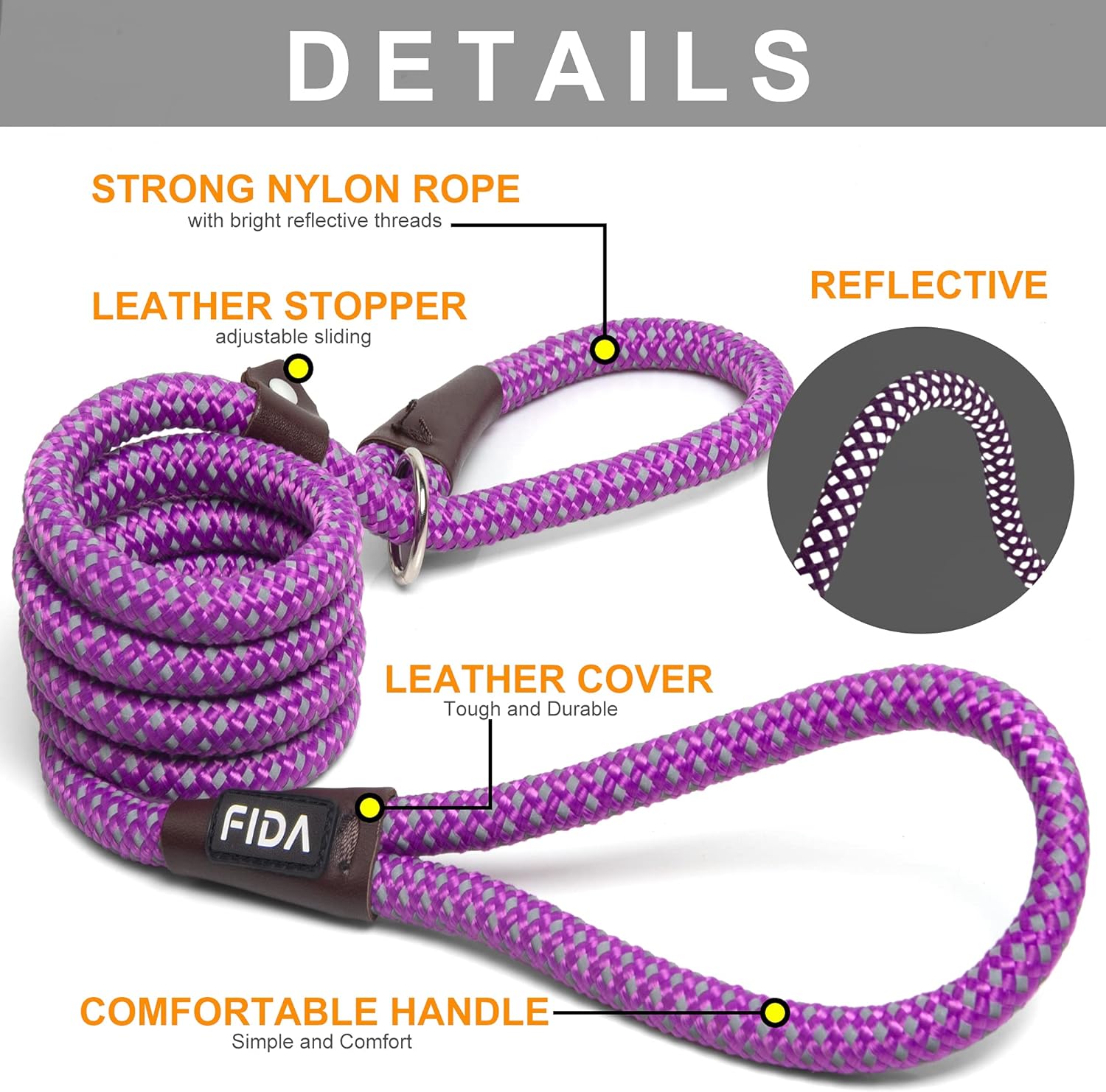 Fida Durable Slip Lead Dog Leash, 6 FT x 1/2 Heavy Duty Comfortable Strong Rope Leash for Large, Medium Dogs, No Pull Pet Training Leash with Highly Reflective, Black