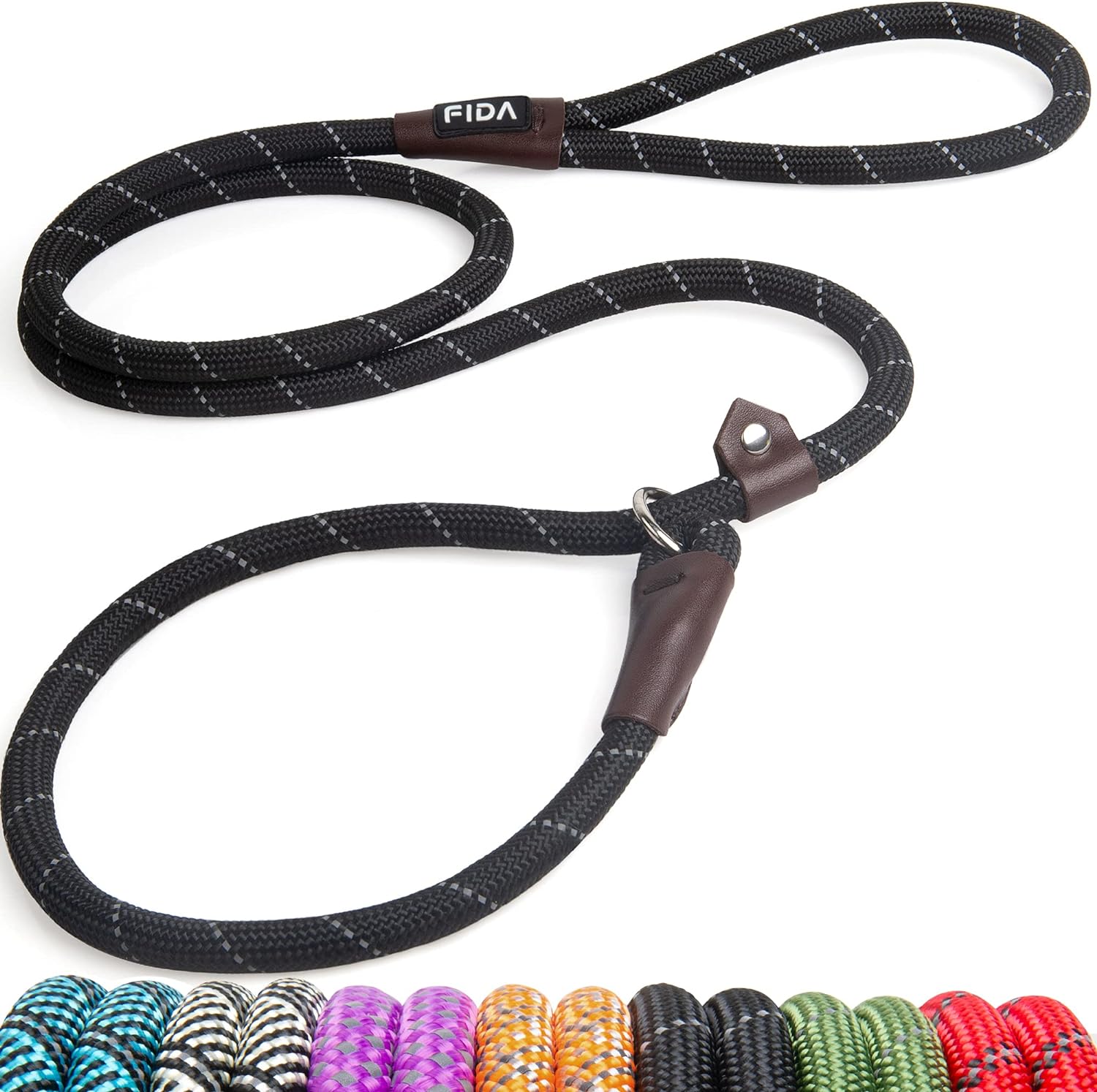 Fida Durable Slip Lead Dog Leash, 6 FT x 1/2 Heavy Duty Comfortable Strong Rope Leash for Large, Medium Dogs, No Pull Pet Training Leash with Highly Reflective, Black