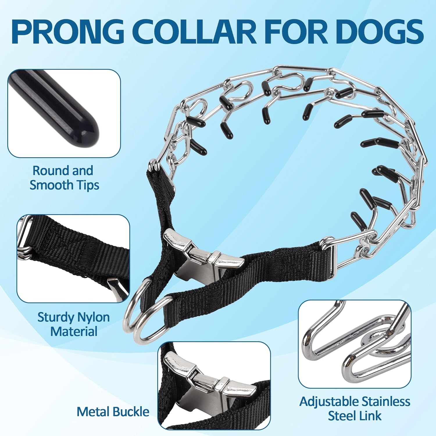 Prong Collar for Dogs, Pinch Collar with Stainless Steel Buckle, No Pull Dog Choker Collar for Small Medium Large Breed (L)