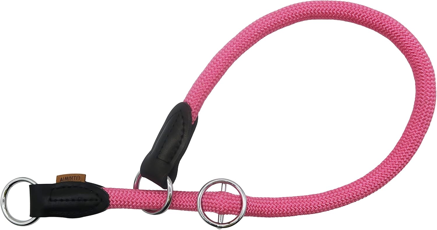 Braided Rope Collar, Pro Training Dog Collar, No Pull Round Martingale Collar, Slip Collar with Slidable Stop Ring - Ideal for Large Dogs (L(1/2) - 22 Long, Pink)