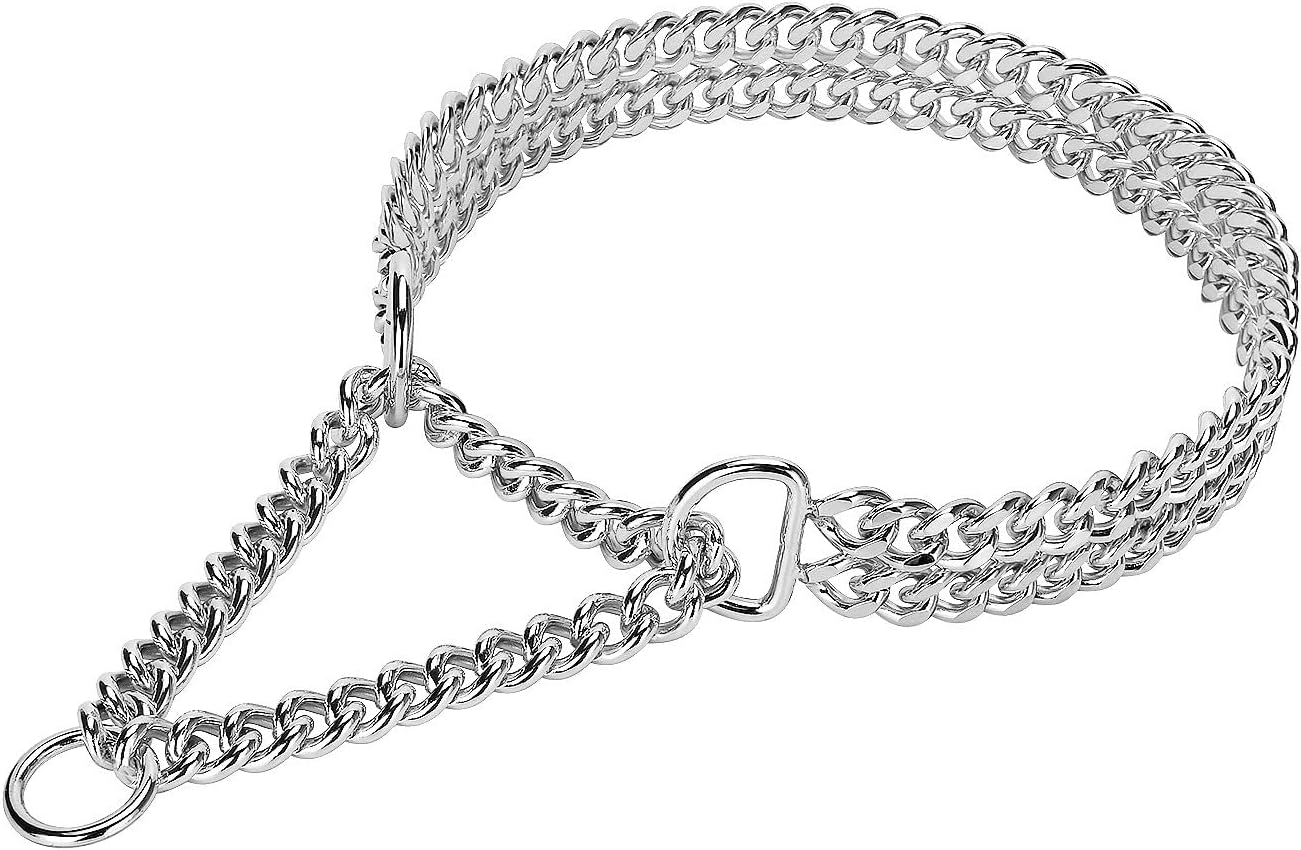 Dog Choke Martingale Collar, Silver Dog Chain Collar Stainless Steel Metal, Silver Dog Collar Adjustable Walking Chew Proof Double Row for Large Small Medium Dogs XL 26 -28