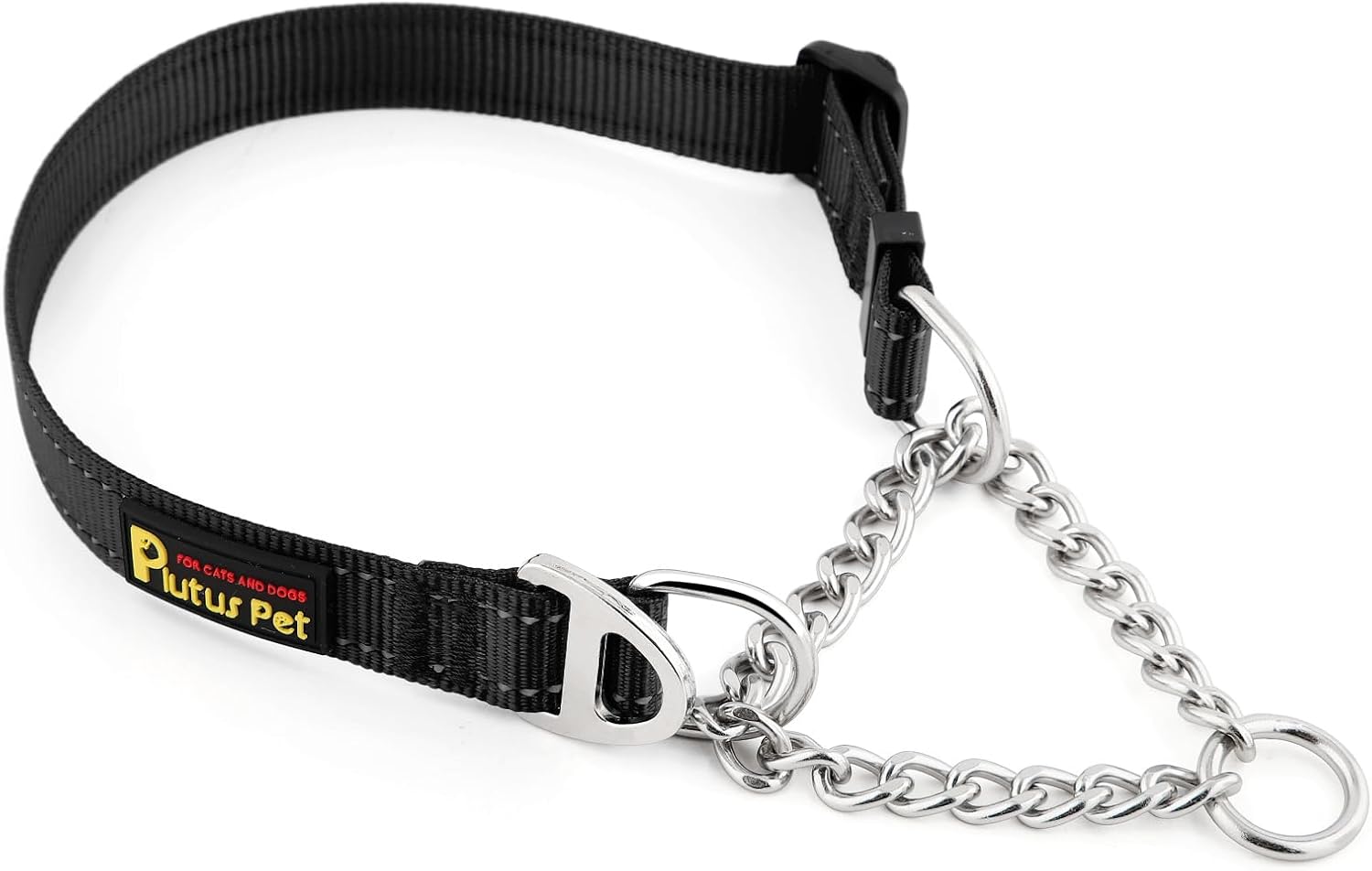 Plutus Pet Martingale Dog Collar with Stainless Steel Chain and Reflective Nylon, Adjustable No Pull Training Collar, for Small Medium, and Large Dogs, Black, L