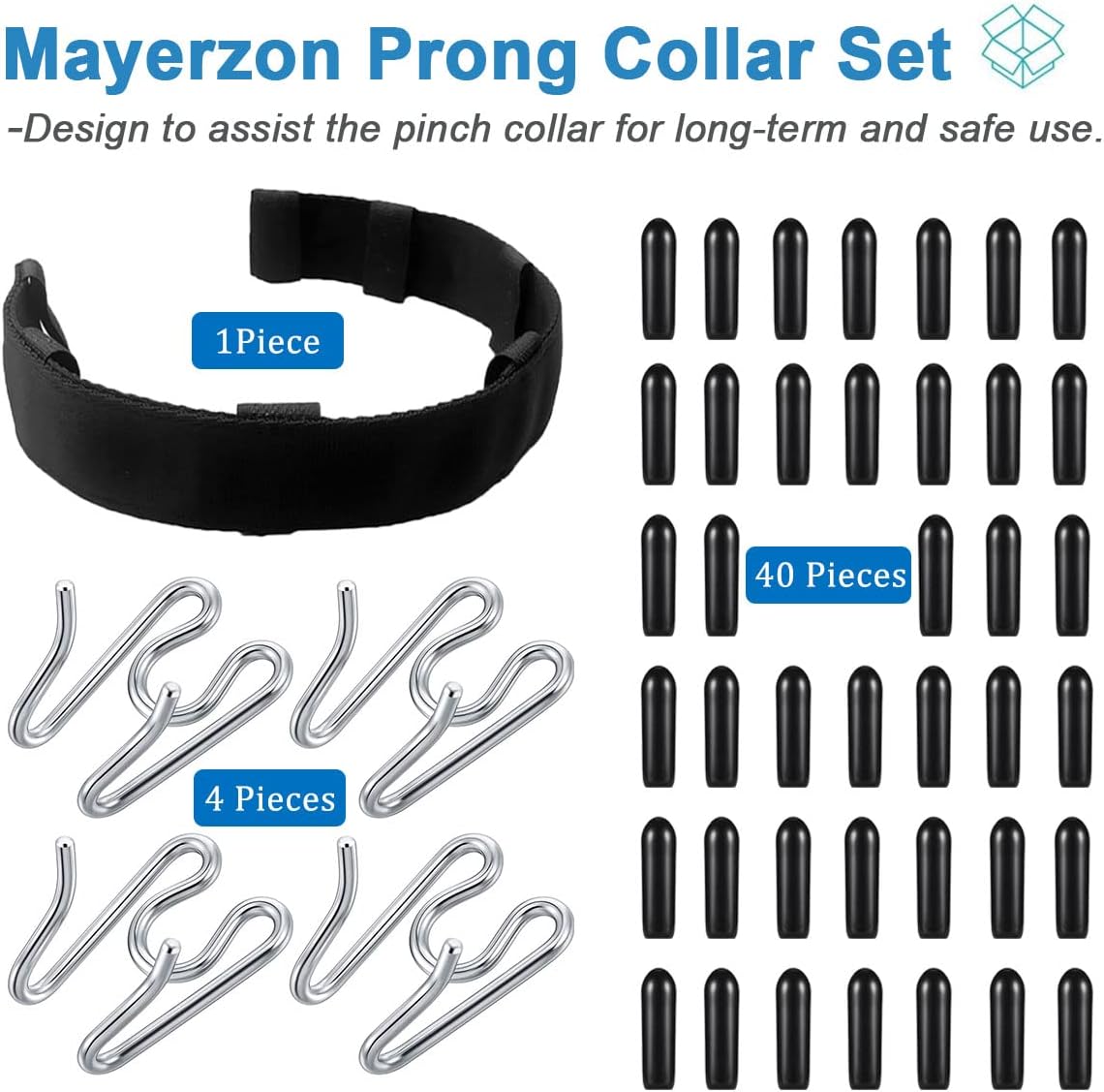 Prong Collar Nylon Cover Protector, 4 Extra Chrome Steel Links and 40 Rubber Tips for Pinch Collar Safety Training (Large,3.5mm,Cover 12.5in, Neck 16-20in, Black)