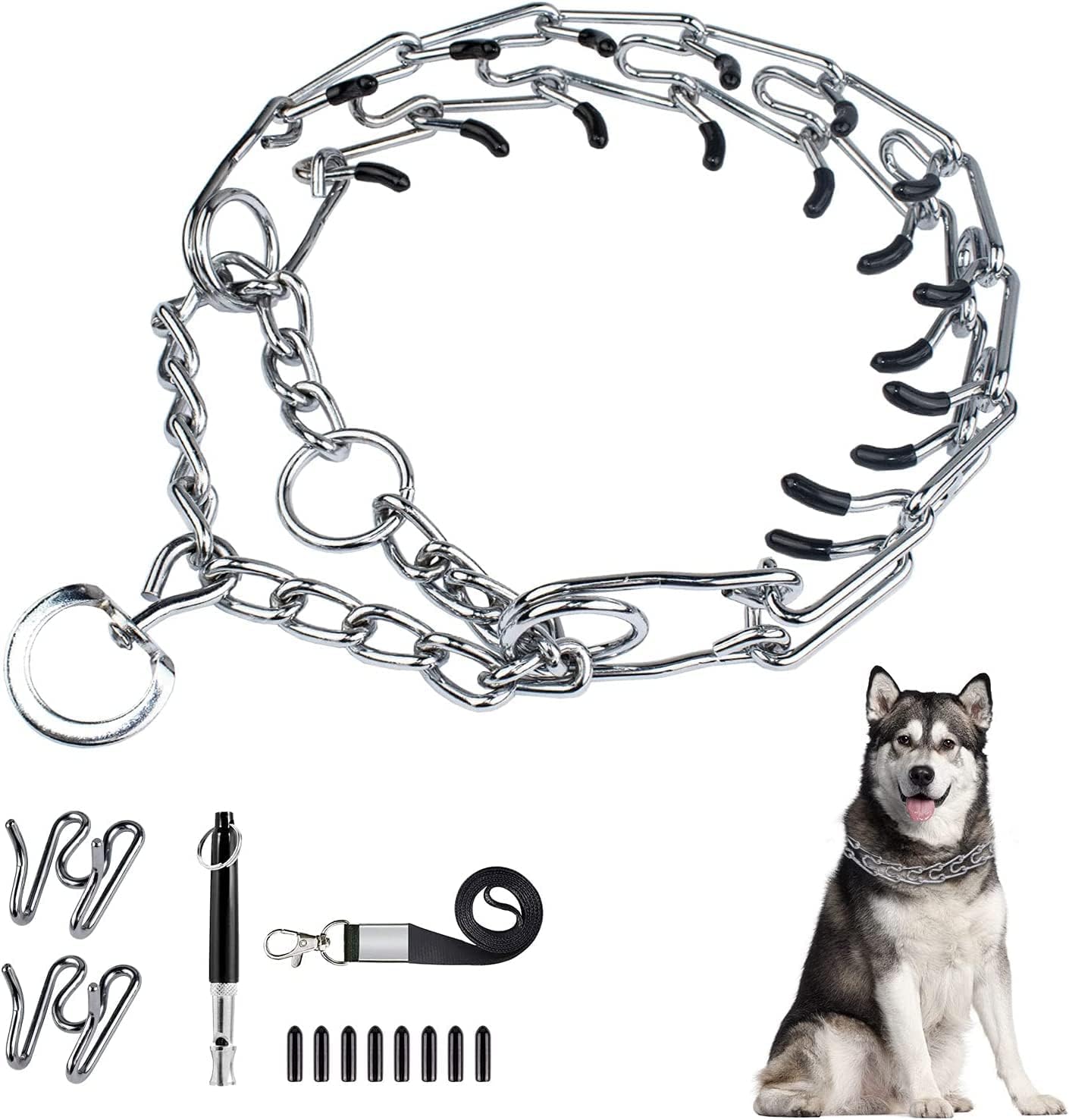 Dog Prong Traing Collar, Choke Pinch Collar for Dogs [2 Extra Links][Dog Whistle][Quick Release] with Martingale Chain and Rubber Caps, No Pull Dog Collar for Medium Large Breed Dogs [Medium]