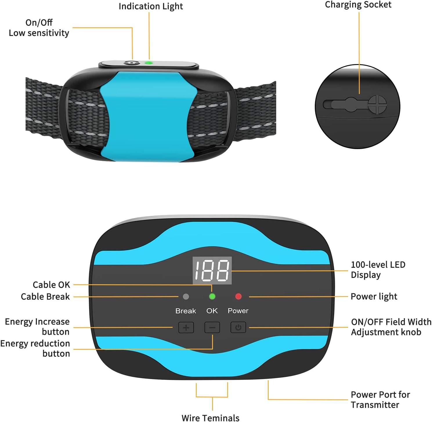 Electric Dog Fence, Wired Pet Containment System 656Ft Electric Fence for Dogs Adjustable Vibration  Rechargeable Underground/Aboveground 2 Waterproof Shock Training Collars Receiver Tone Correction