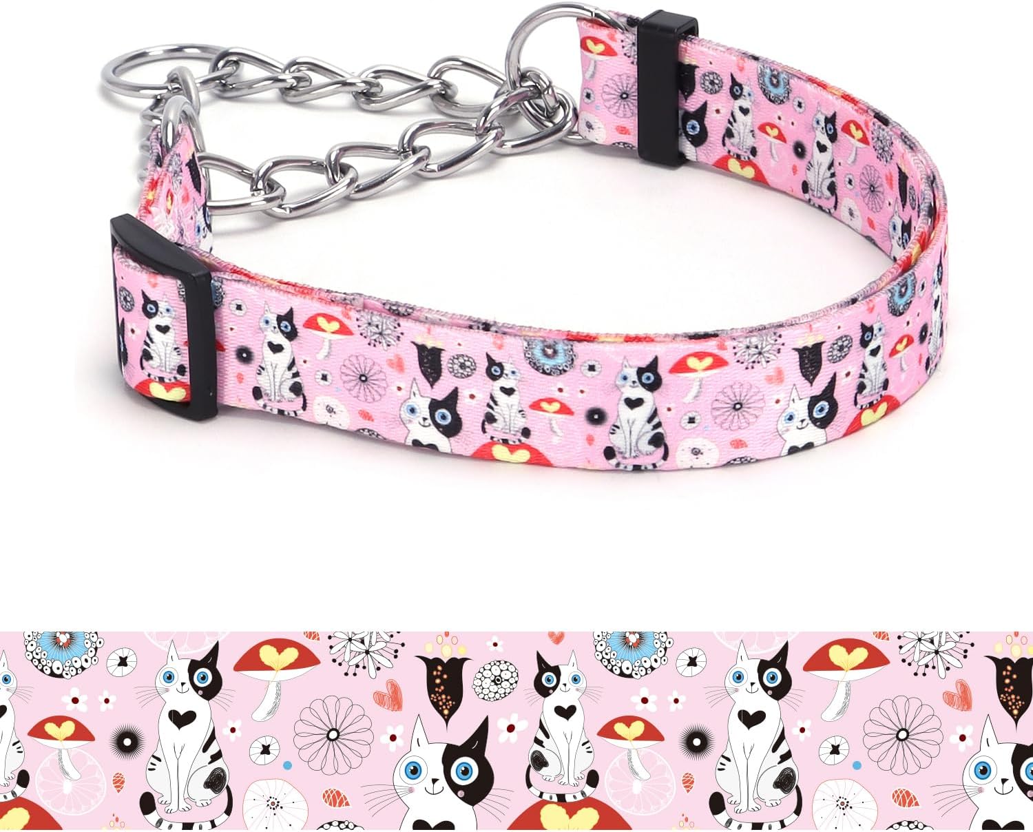 Martingale Collar, Training Dog Collar, Stainless Steel Chain Pet Collar for No Pull Dog Walking Flowers Design Large Medium Small Dogs (M, Peony)