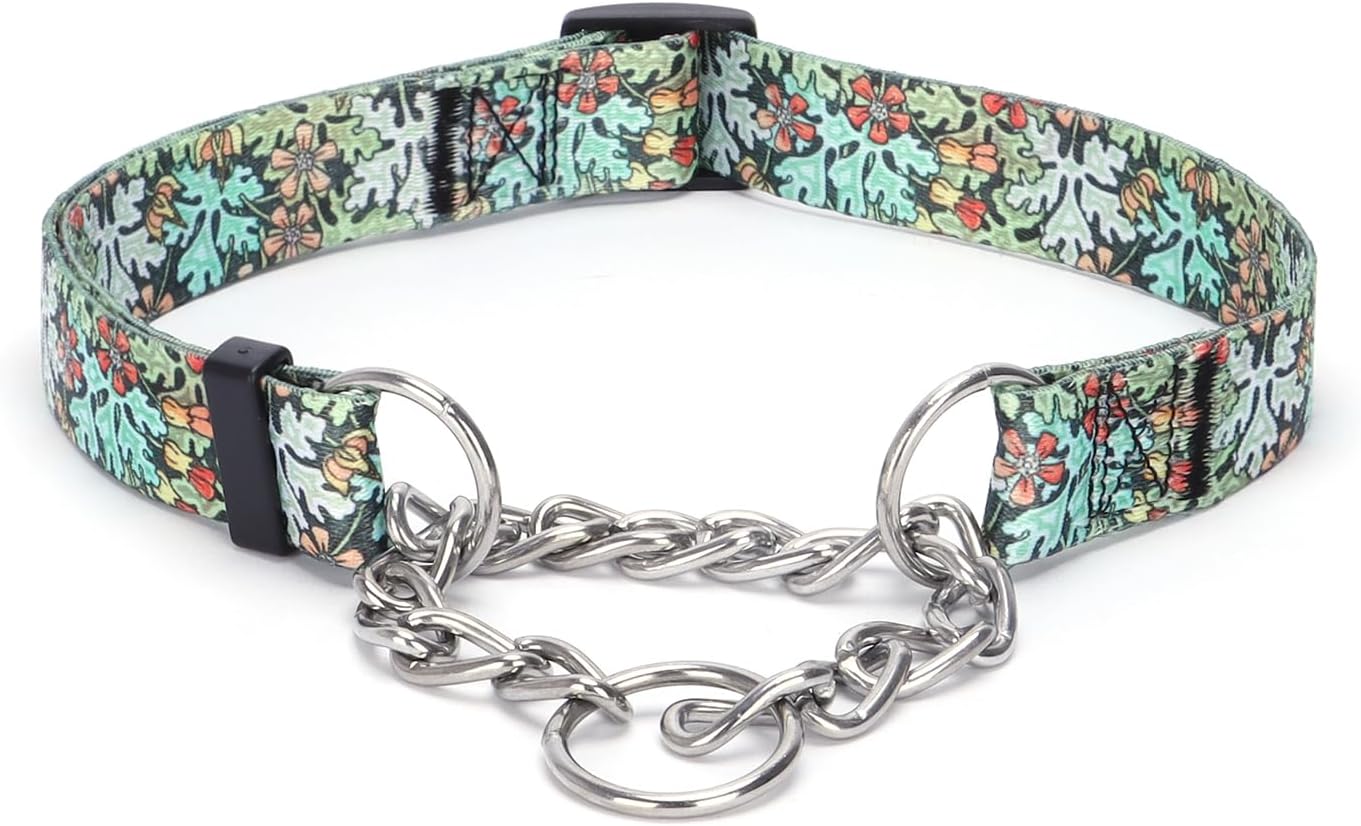 Martingale Collar, Training Dog Collar, Stainless Steel Chain Pet Collar for No Pull Dog Walking Flowers Design Large Medium Small Dogs (M, Peony)