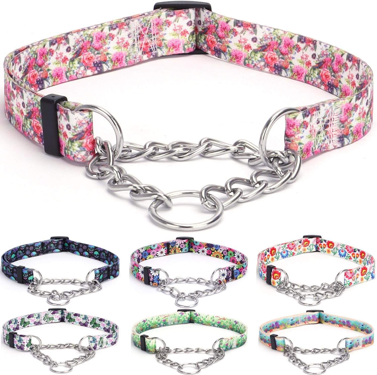 Martingale Collar, Training Dog Collar, Stainless Steel Chain Pet Collar for No Pull Dog Walking Flowers Design Large Medium Small Dogs (M, Peony)