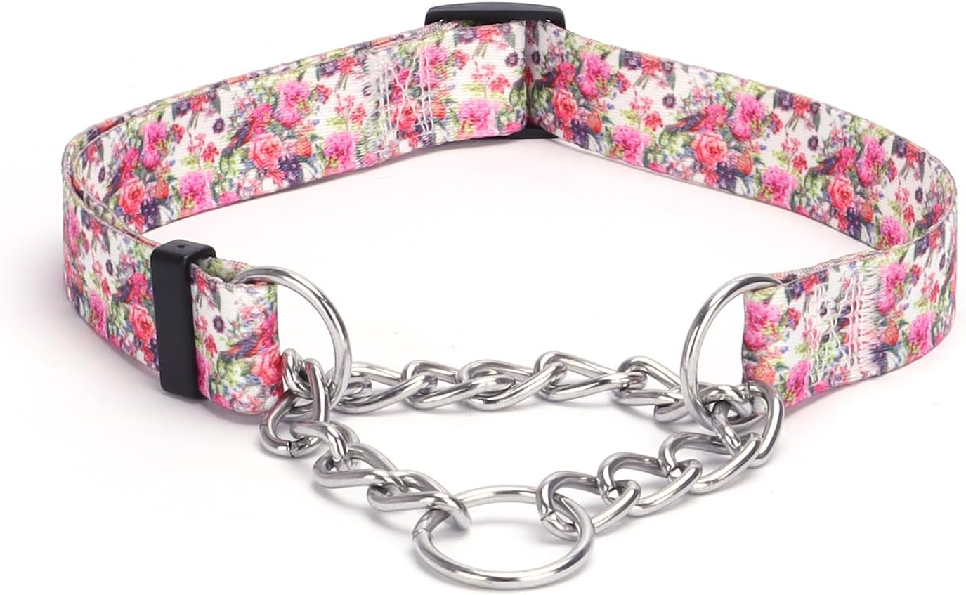 Martingale Dog Collar with Stainless Steel Chain - Limited Chain Cinch Training Collar for No Pull Training Dog - Flower Multicolor Cute Patterns - Premium No Slip Collar (L, Daisy)