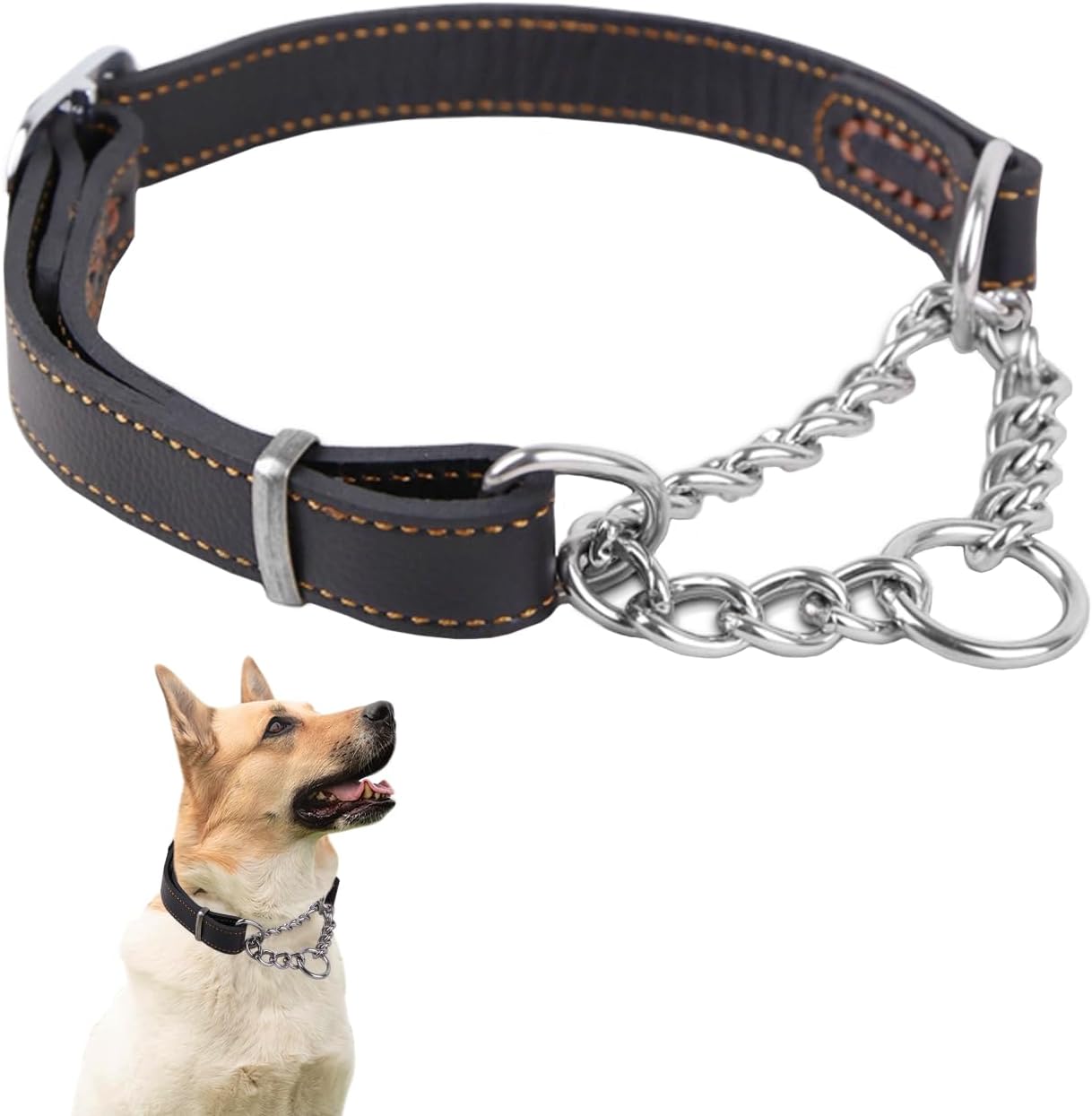 Martingale Half Dog Choke Collar, Genuine Leather Dog Collar Dog Choker Chain Collar Leather Training Dog Collar for Dogs,Stainless Steel Chain Anti-Escape No Pull Dog Collar for Medium Large Dogs