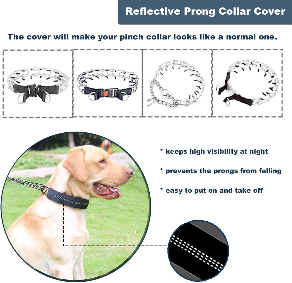 Mayerzon Dog Prong Collar Cover, Reflective Nylon Protector with 4 Stainless Steel Extra Links and 40 Rubber Tips for Pinch Choke Collar