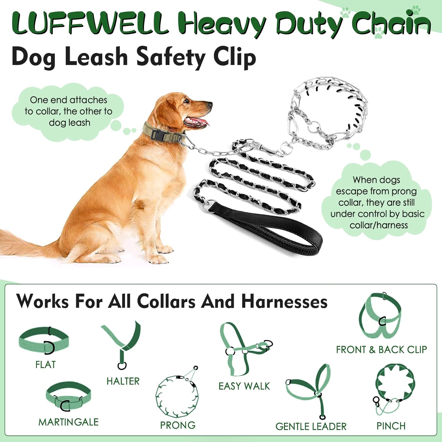 Dog Collar Backup Clip, Chew Proof Double Ended Backup Metal Safety Clasp Pet Dog Leash Connector, Heavy Duty Chain Safety Clip for Prong Collar, Dog Harness, Pinch Collar, Gentle Lead with Carabiner