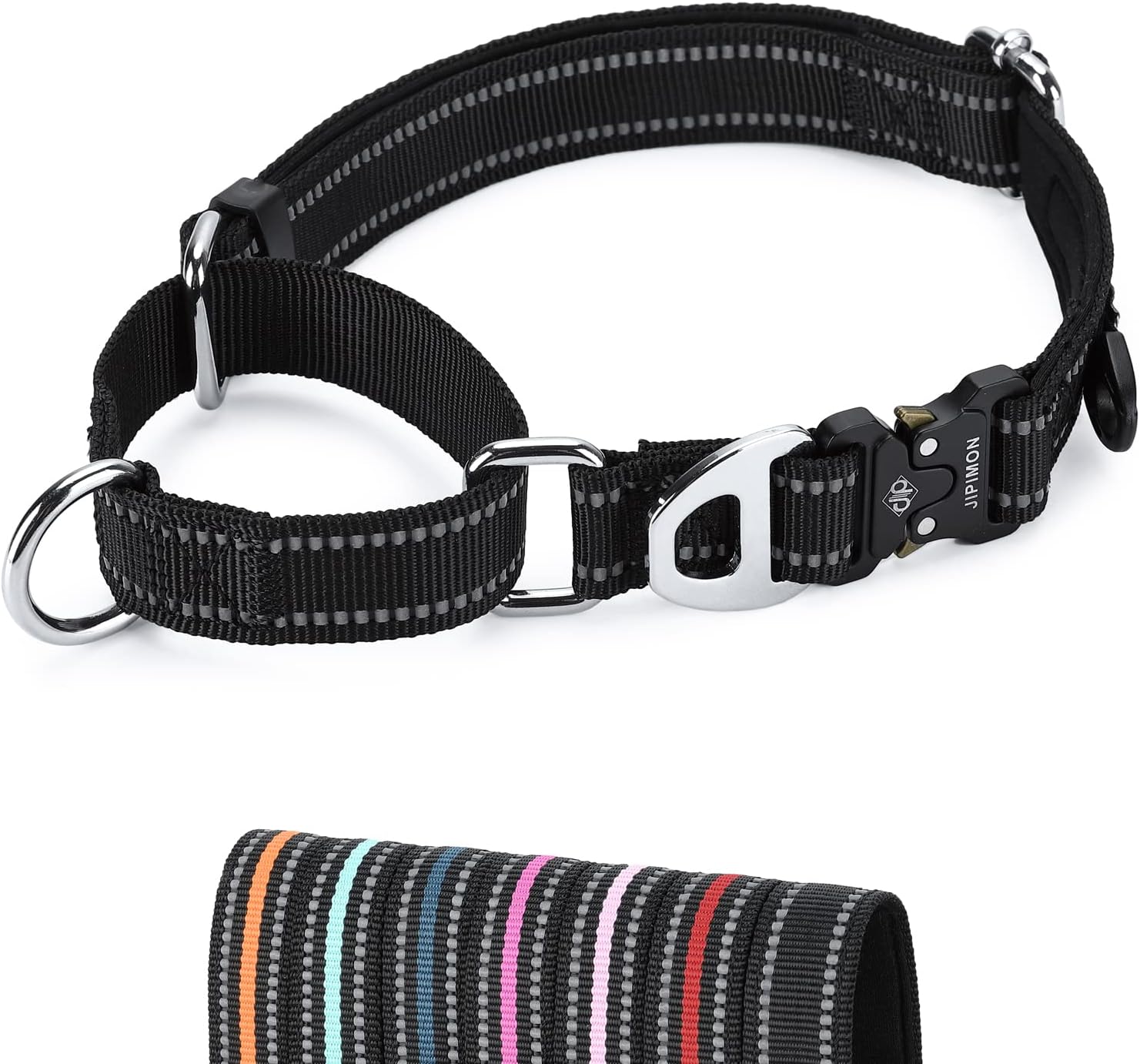 Martingale Dog Collar Reflective Nylon Soft Cushion with Alloy Buckle Dog Collar Martingale Small Medium and Large Dogs (Medium, Black)