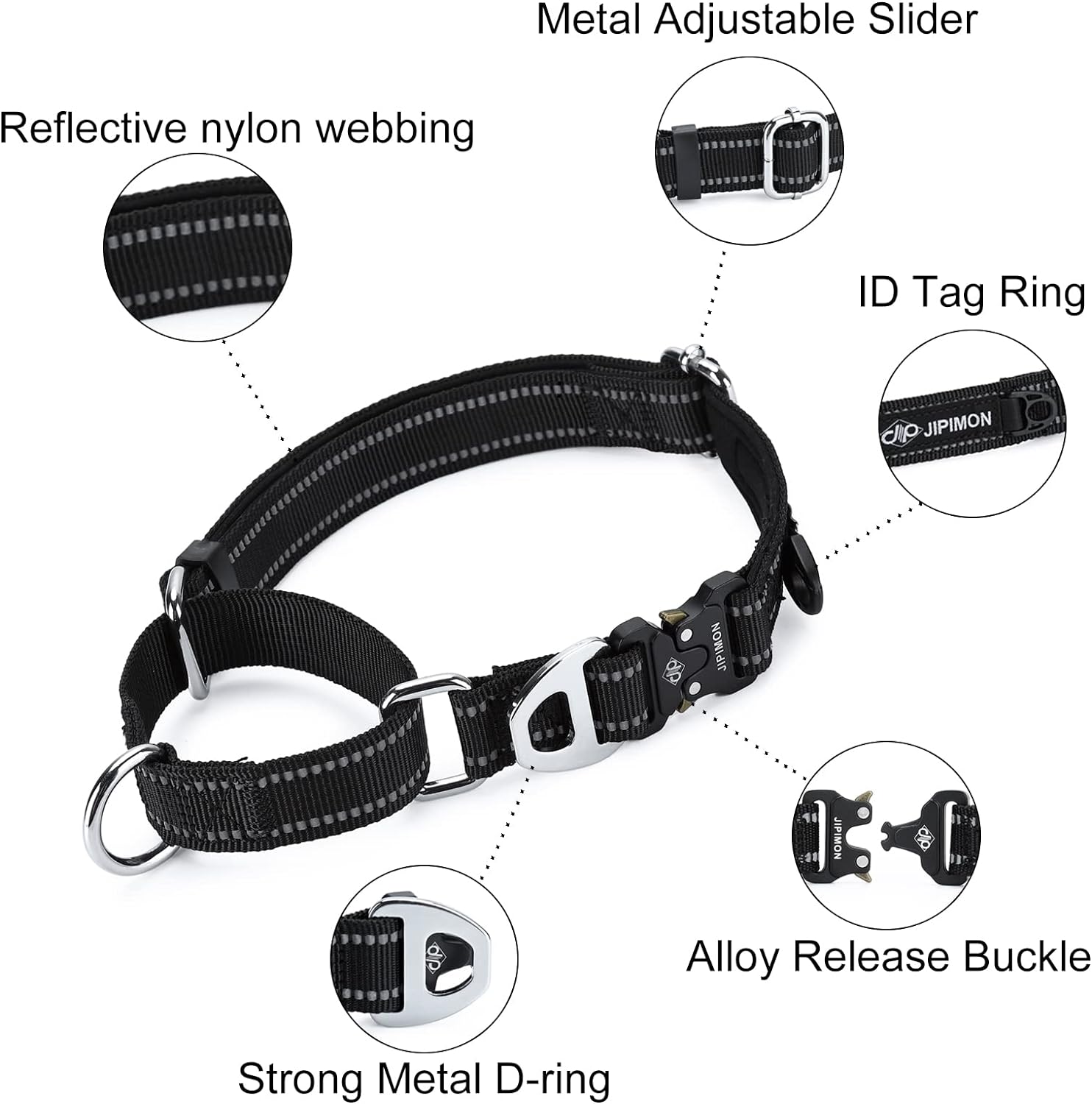 Martingale Dog Collar Reflective Nylon Soft Cushion with Alloy Buckle Dog Collar Martingale Small Medium and Large Dogs (Medium, Black)