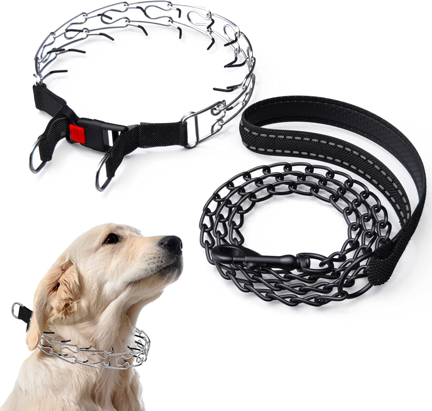 Prong Collar for Dogs, Pinch Collar for Dogs with Metal Dog Leash, Choke Collar for Small Large Dogs, No Pull Choker Dog Collar w/Quick Release Snap Buckle, Adjust Stainless Steel Links, Rubber Tips