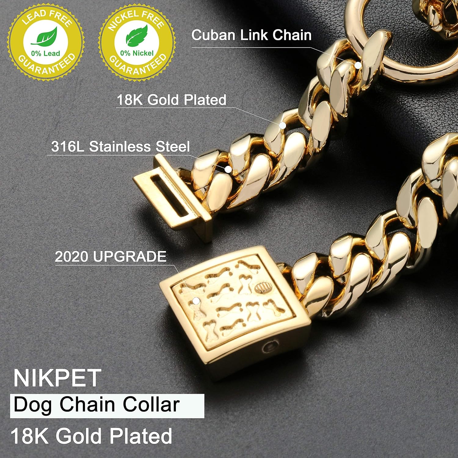 Gold Dog Martingale Collar Metal Chain with Design Secure Buckle, 18K Cuban Link 15MM Strong Heavy Duty Chew Proof Walking Training Slip Collar (15MM, 12)