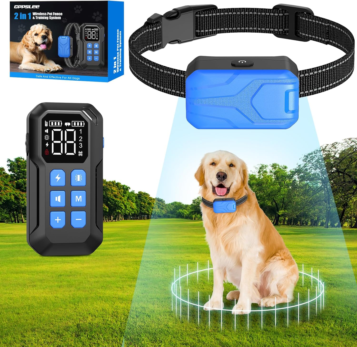 CPPSLEE Wireless Fence for Dogs, Adjustable Range Up to 1000Ft, 2 in 1 Wireless Dog Fence System with Waterproof and Rechargeable Dog Training Collars