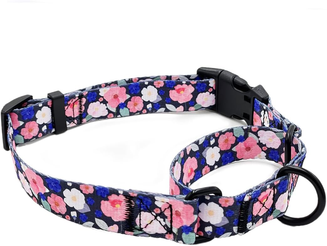 Martingale Dog Collars,Adjustable Soft Nylon Quick-Release Buckle,No Pull Dog Training Collar,Hand-Painted Flower Print