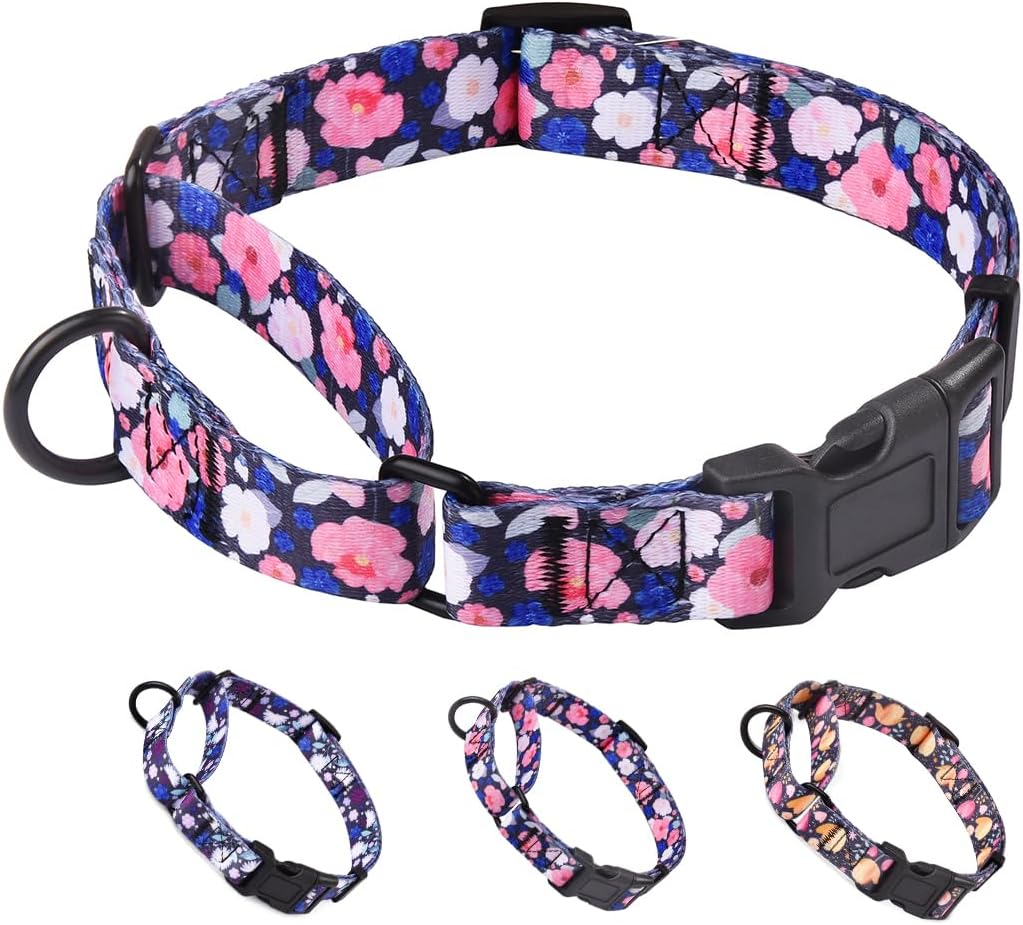Martingale Dog Collars,Adjustable Soft Nylon Quick-Release Buckle,No Pull Dog Training Collar,Hand-Painted Flower Print