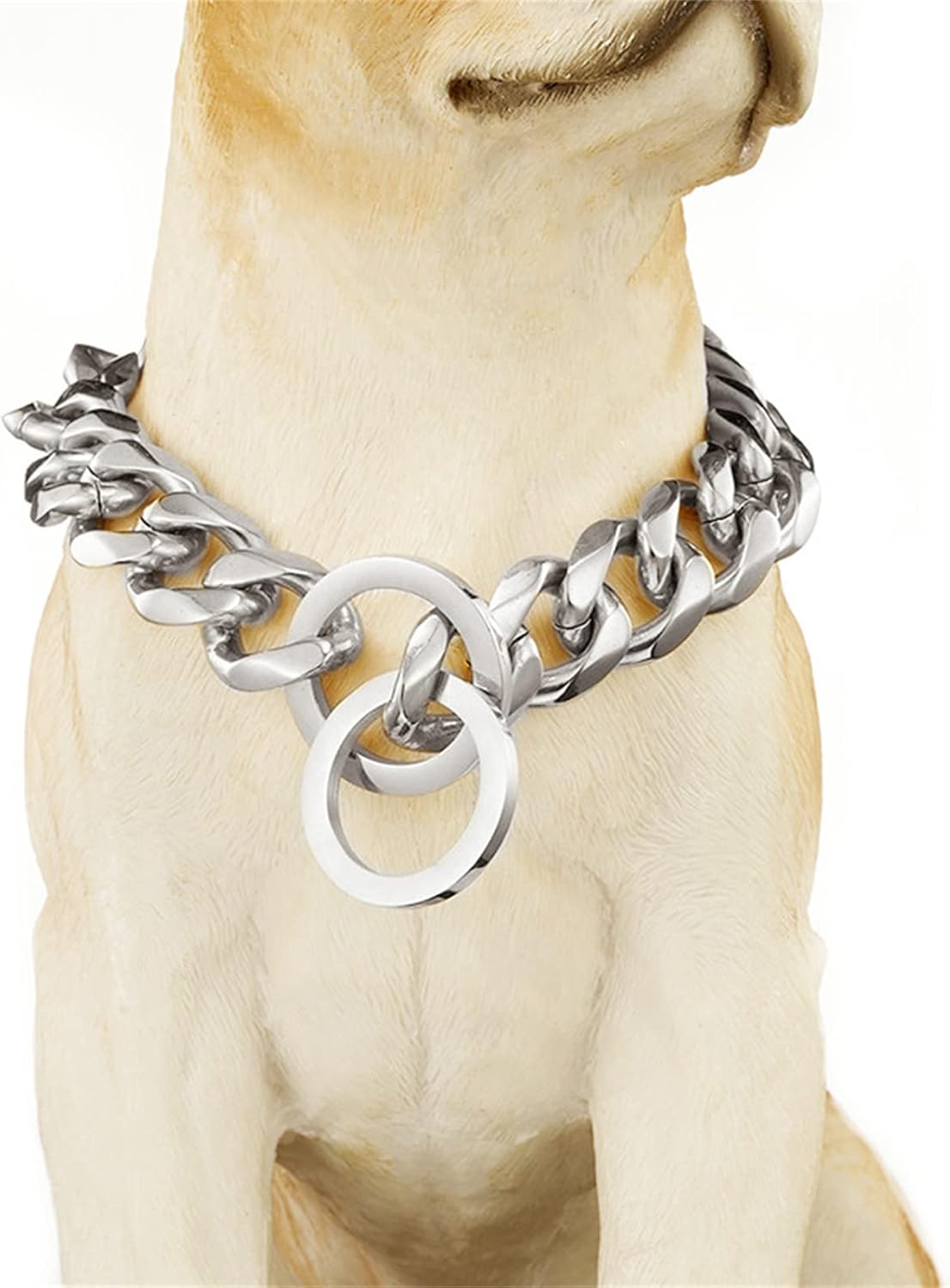 Silver Dog Collar, Heavy Duty Stainless Steel Martingale Slip Cuban Link Necklace Dog Collar for Medium Large Dogs