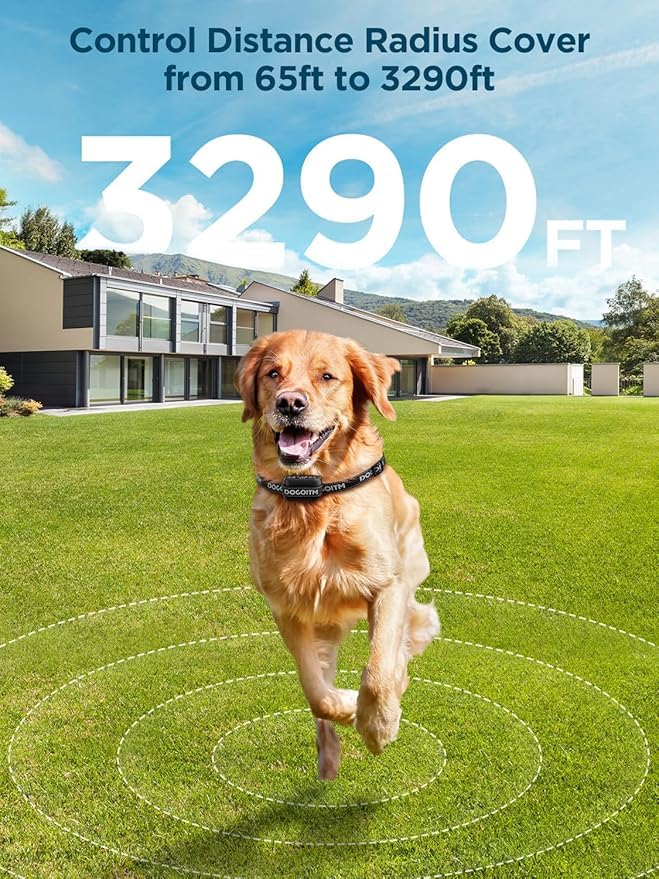Wireless Dog Fence for 2 Dogs, Pet Containment System with AI Smart GPS Signal for Outdoor, Waterproof and Rechargeable Dog Collar Fence with 3 Warning Modes, Range 65-3290 FT for Most of Dogs