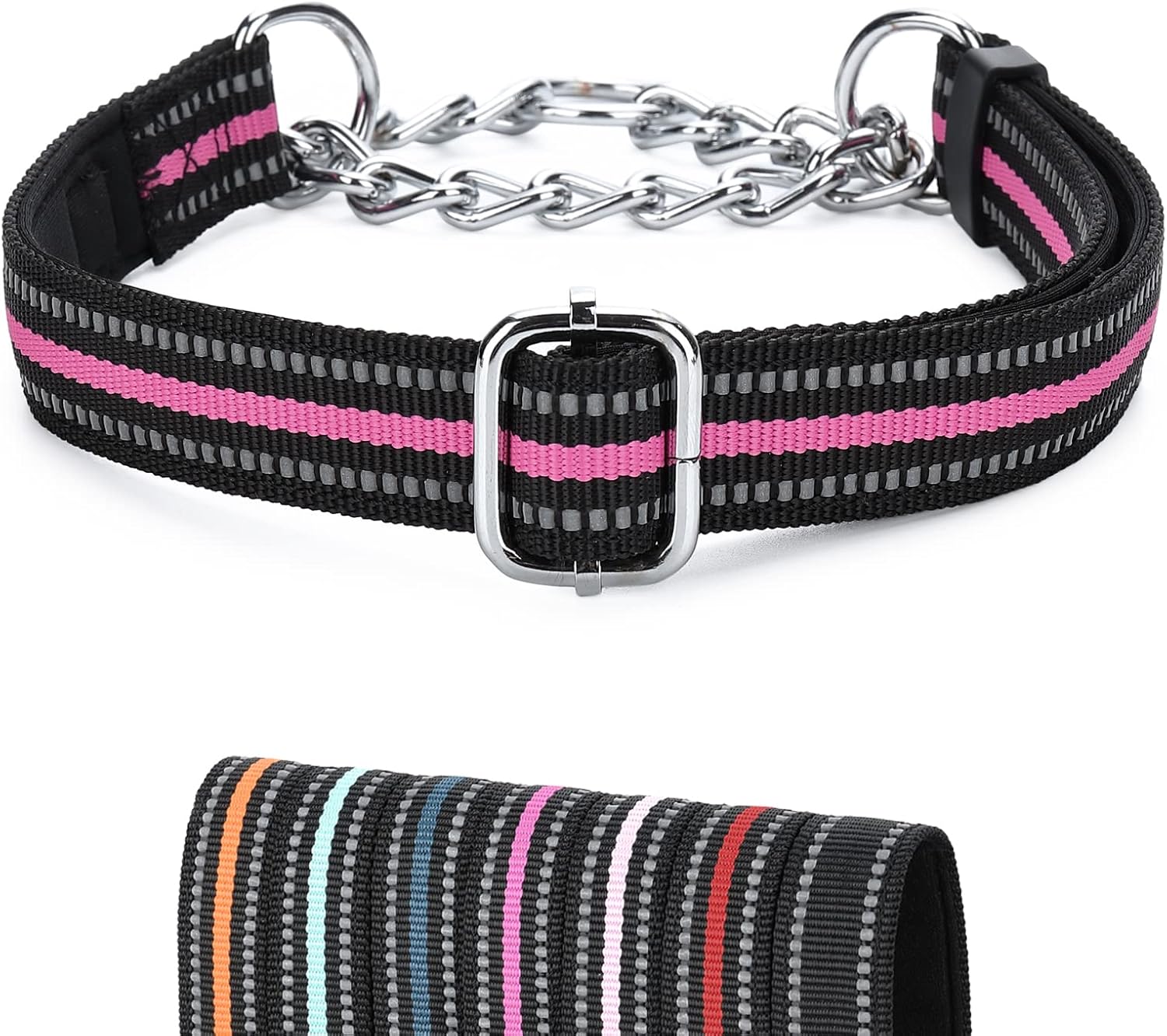 Martingale Collar for Dogs, Reflective Stainless Steel Chain Safety Adjustable Martingale Collar for Small Medium Large Dogs (Small, Black)