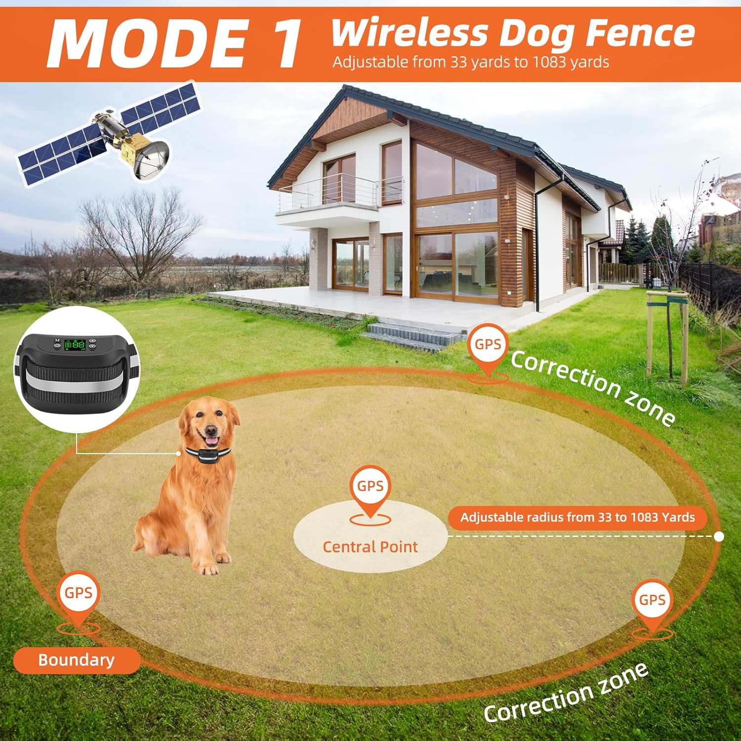 2-in-1 GPS Wireless Dog Fence  Remote Training Collar, Portable Pet Containment System, Electric Dog Fence, Beep/Vibration/Shock Correction Mode, 1 Collar Receiver