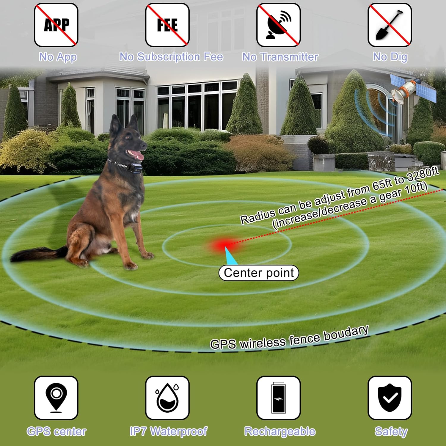 E-FENCE GPS Wireless Dog Collar Fence System,Electric Fence for Dogs,Adjustable Warning Strength,Pet Containment System, Outdoor Use Only