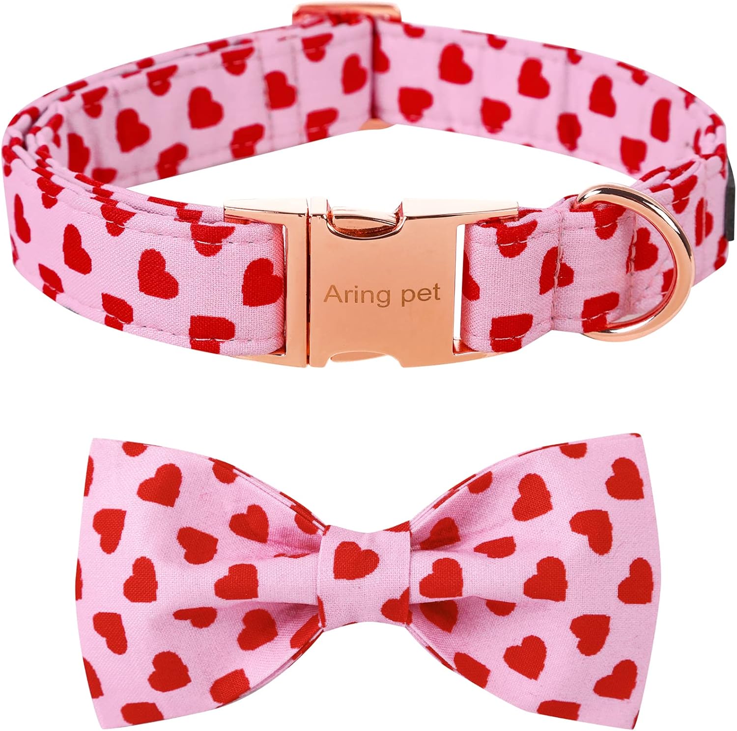 ARING PET Valentines Day Dog Collar with Bow, Cute Adjustable Pink Heart Bowtie Pet Collars with Metal Buckle for Puppy Small Medium Large Boy Girl Dogs-S