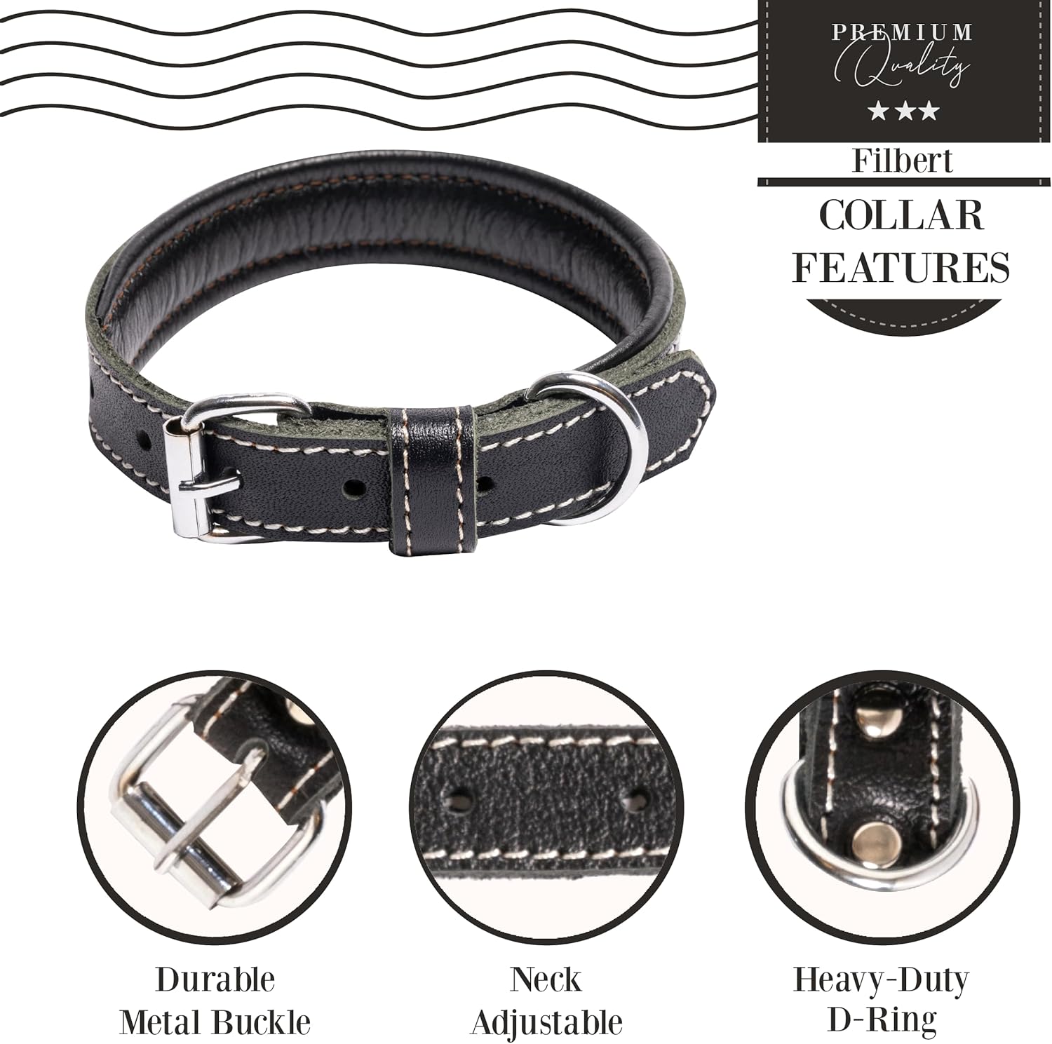 Filbert Leather Dog Collar, Genuine Leather Collar for Large Dogs, Premium, Luxury Padded, Strong, Adjustable for All Breeds, Heavy Metal Buckle, Ultra-Durable, Black Filbert Leather Dog Collar, Genuine Leather Collar for Large Dogs, Premium, Luxury Padded, Strong, Adjustable for All Breeds, Heavy Metal Buckle, Ultra-Durable, Black