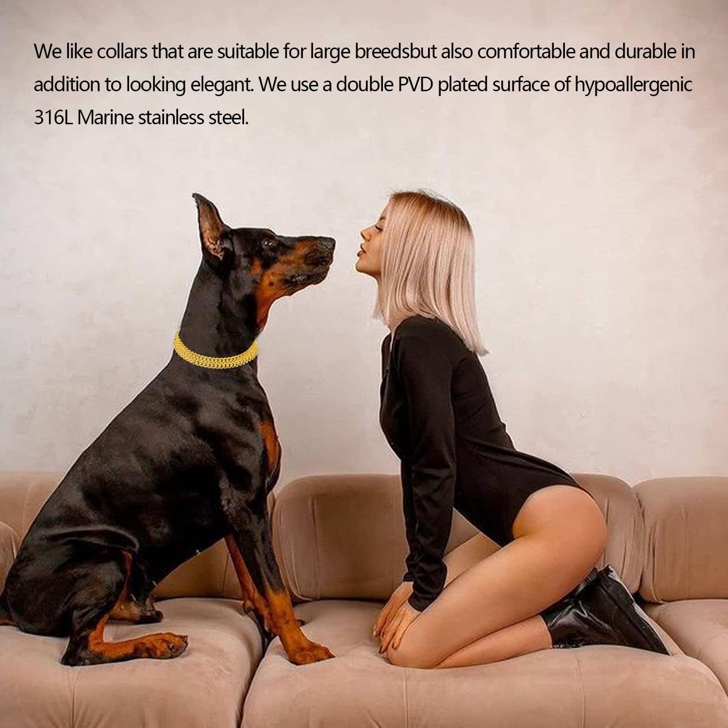 Gold Dog Collar Chain Stainless Steel 19K Gold Dog Collar Adjustable Walking, Metal Cuban Link Dog Collar Chew Proof Double Row Chain Dog Collar for Large Small Medium Dogs