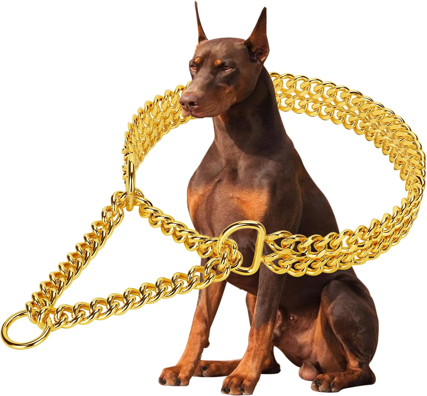 Gold Dog Collar Chain Stainless Steel 19K Gold Dog Collar Adjustable Walking, Metal Cuban Link Dog Collar Chew Proof Double Row Chain Dog Collar for Large Small Medium Dogs