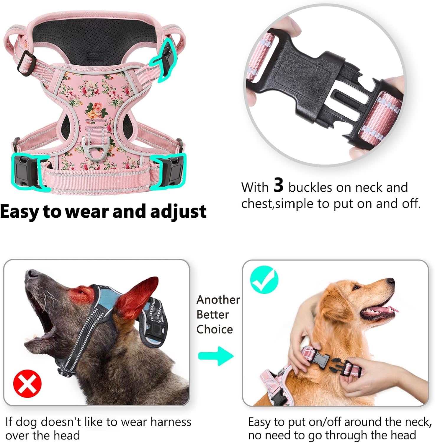 Timos No Pull Dog Harness,NO Need Go Over Dogs Head 3 Snap Buckles Reflective Oxford No Choke Puppy Harness with Front  Back 2 Metal Leash Clips Soft Padded Vest for Small Medium Large Dogs